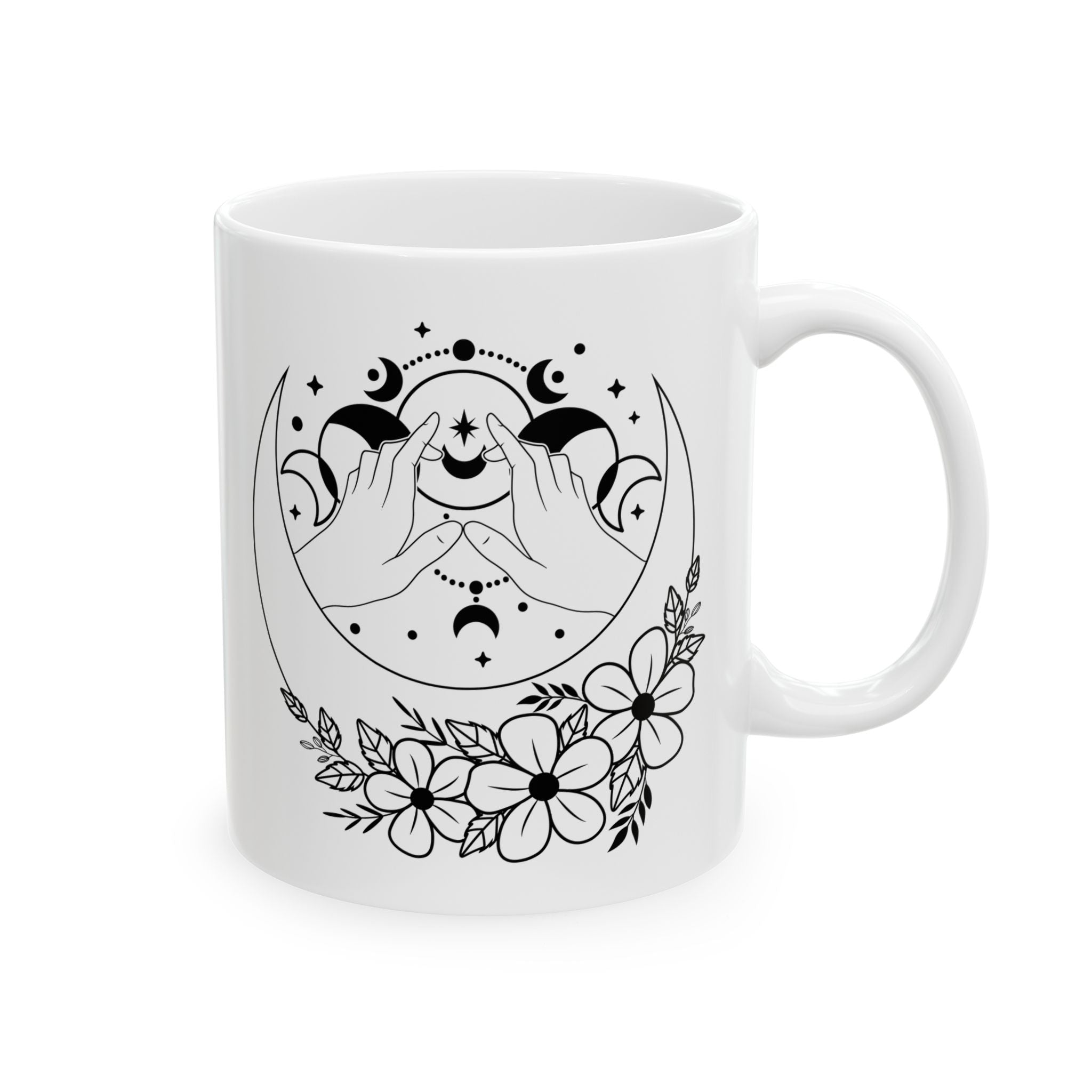 Mystical Moon Phase Witch Hands Mug, Moon Phase Coffee Mug, Celestial Mug, Floral Moon Phase Cup