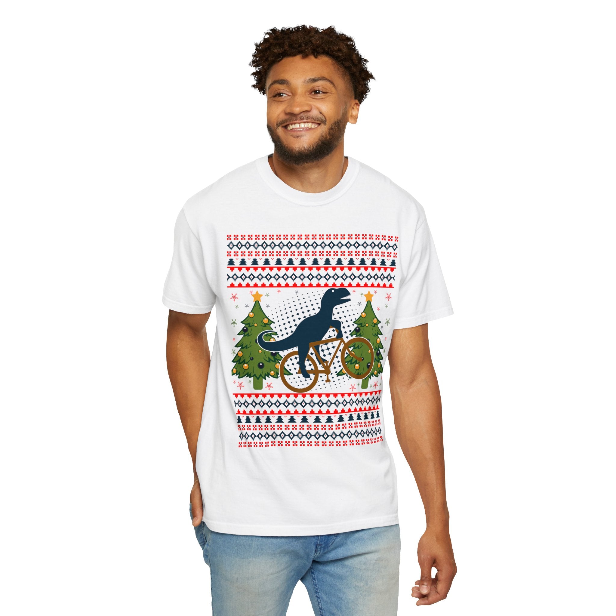 Ugly Christmas Dinosaur Riding Bike Shirt, Dinosaur Christmas Sweater, Dino Riders Tshirt, Dinosaur on a Bike Shirt