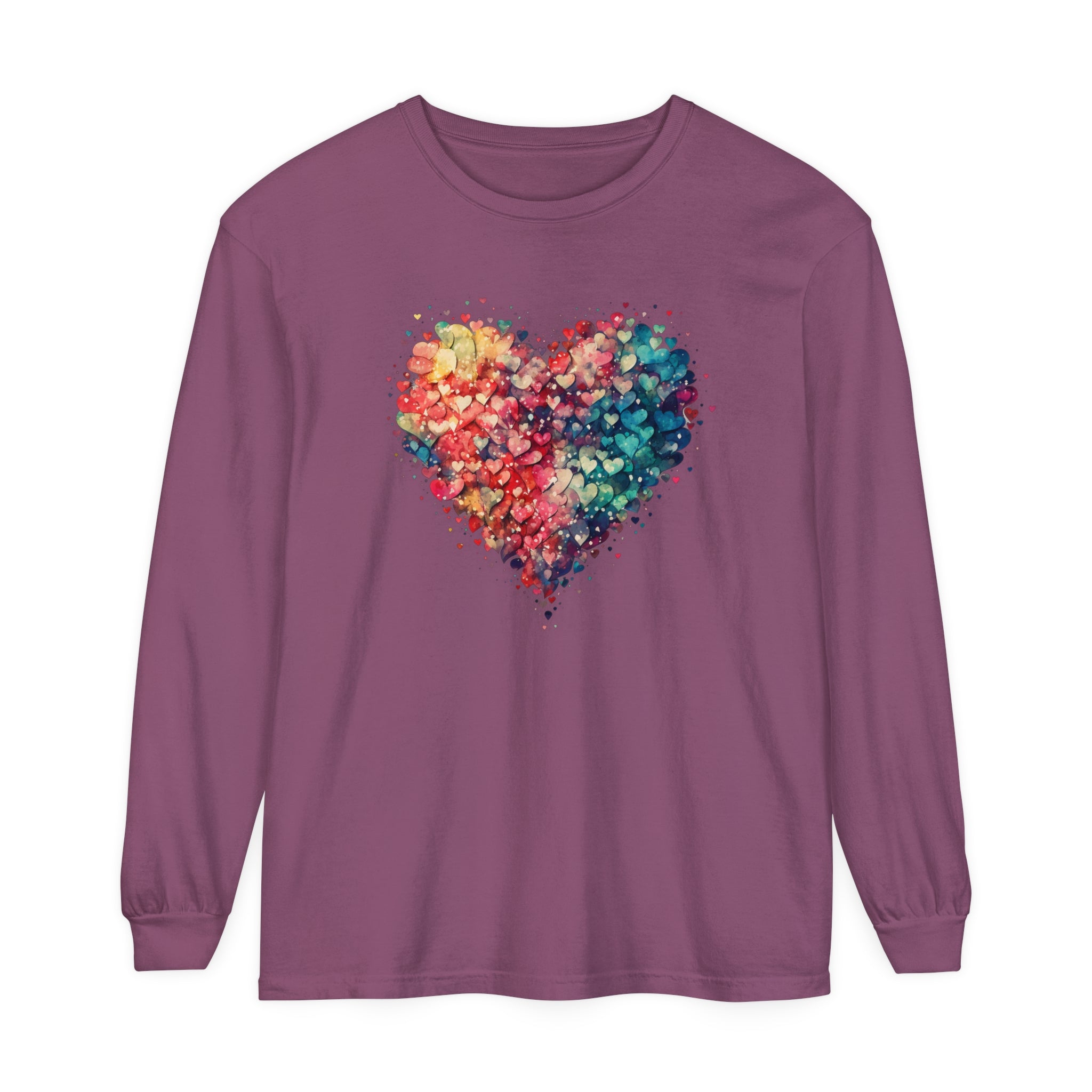 Watercolor Heart Long Sleeve T-Shirt, Colorful Heart Shirt, Cute Heart Valentines Love Long sleeve Tee, Beautiful Watercolor Heart, Hearts Layered Design