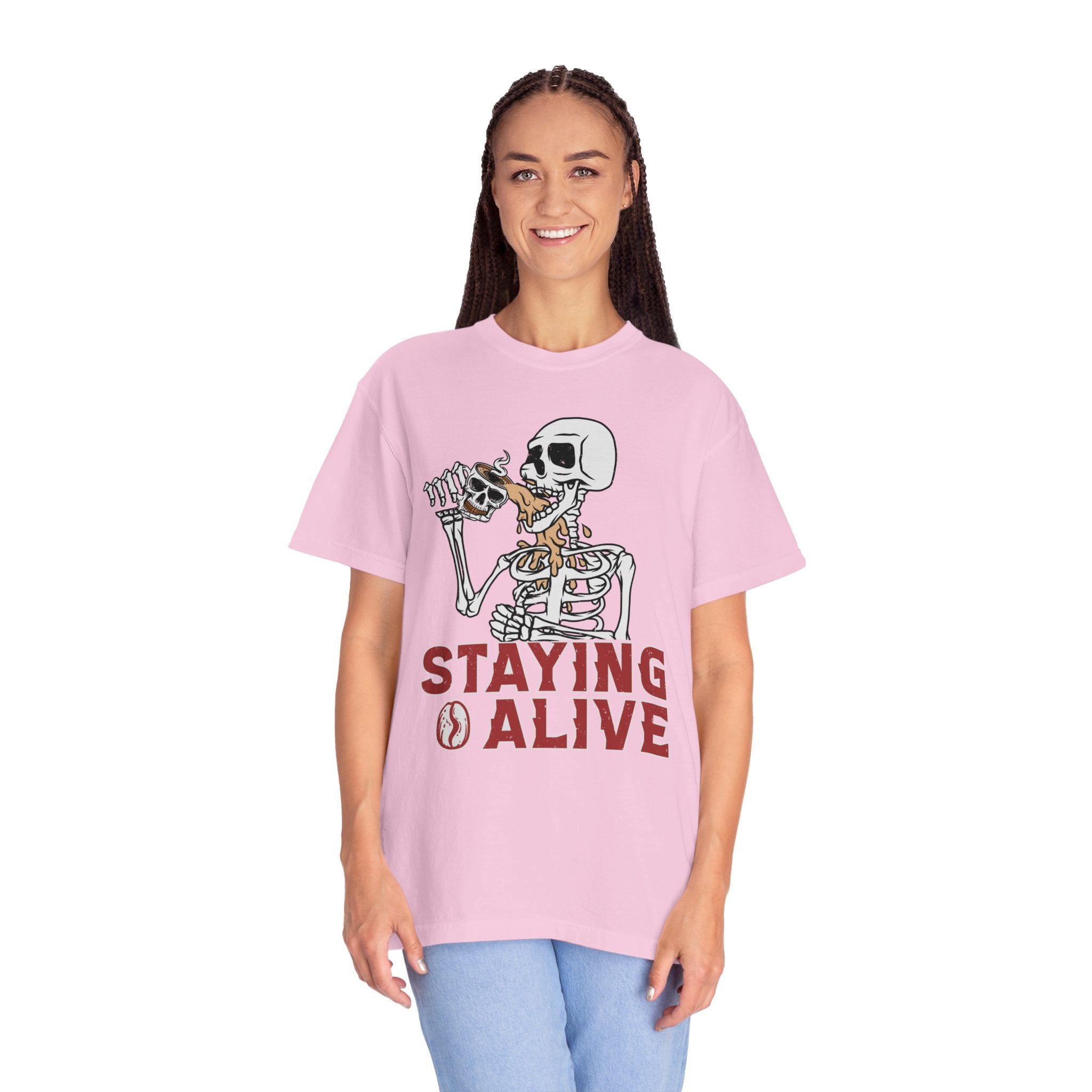 Staying Alive Shirt, Trendy Coffee Shirt, Funny Skeleton T-Shirt, Coffee Lovers Gift Skull Vintage Halloween Tshirt Women Comfort Colors Tee