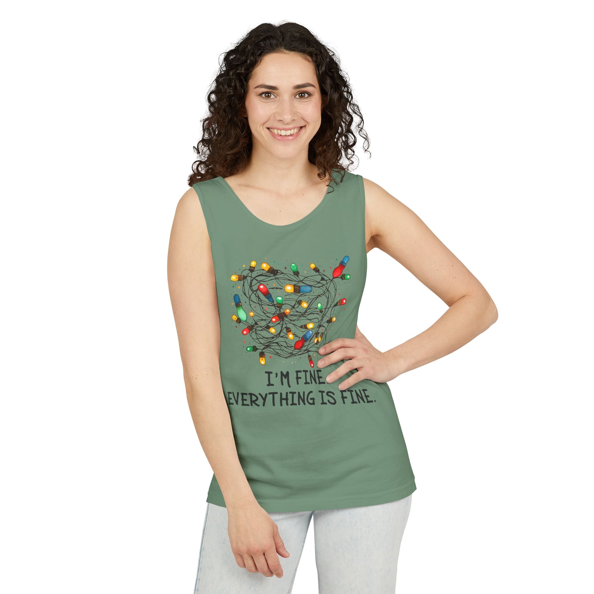 I'm Fine Everything is Fine Tank Top, Tangled Christmas Lights Tank Top, Unisex Xmas Graphic Tee, Christmas Lights Tank top