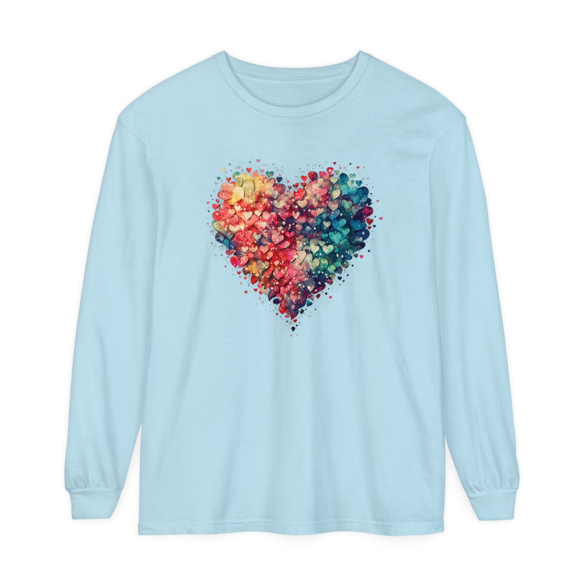 Watercolor Heart Long Sleeve T-Shirt, Colorful Heart Shirt, Cute Heart Valentines Love Long sleeve Tee, Beautiful Watercolor Heart, Hearts Layered Design