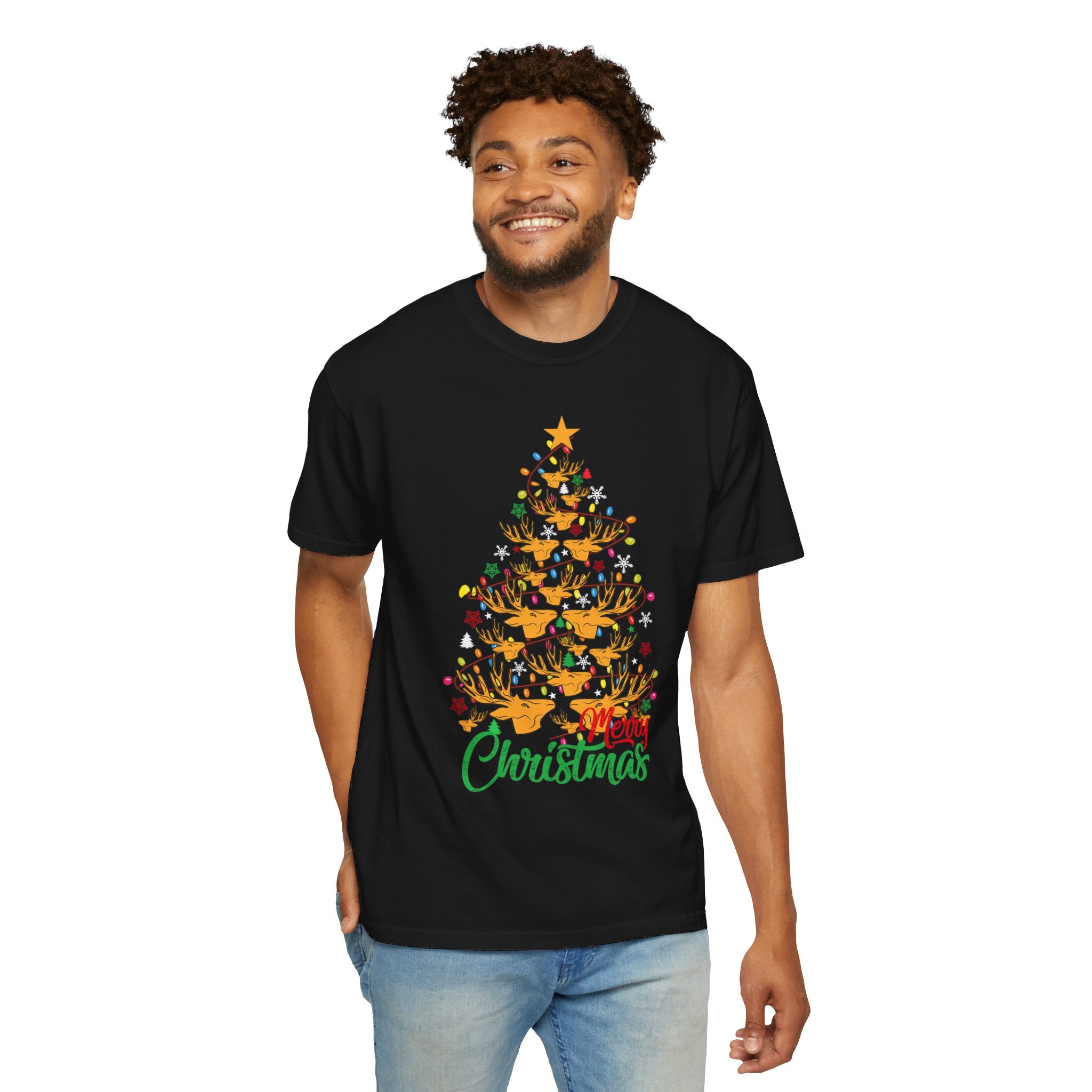 Christmas Tee, Christmas Deer Tree Shirt, Deer Head Trees Design on premium cotton unisex shirt, plus sizes, 2x, 3x, 4x