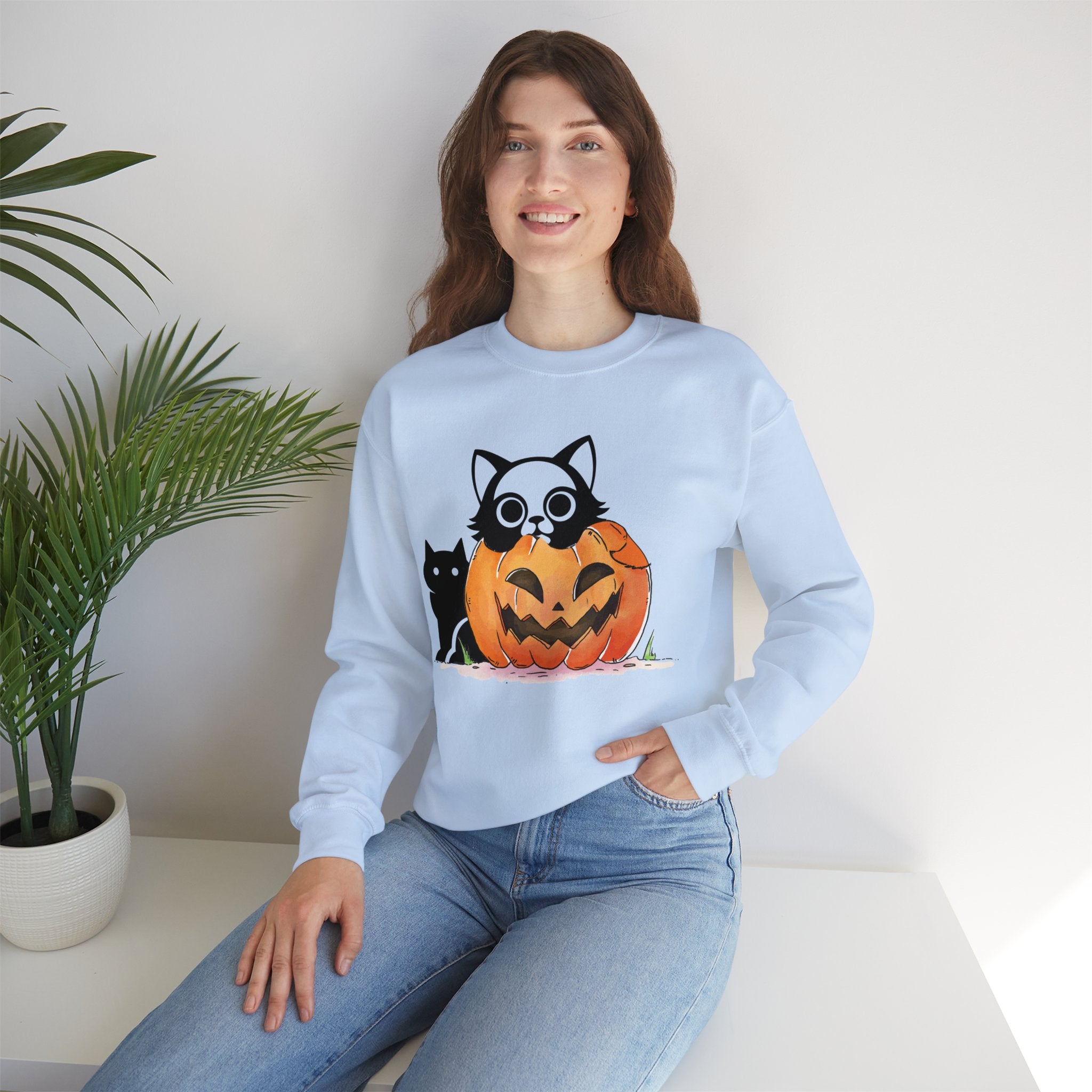 Black Cat Pumpkin Sweatshirt, Halloween Sweatshirt, Pumpkin shirt, Fall Sweatshirt for Women, Halloween Crewneck, Spooky Season, Bat top