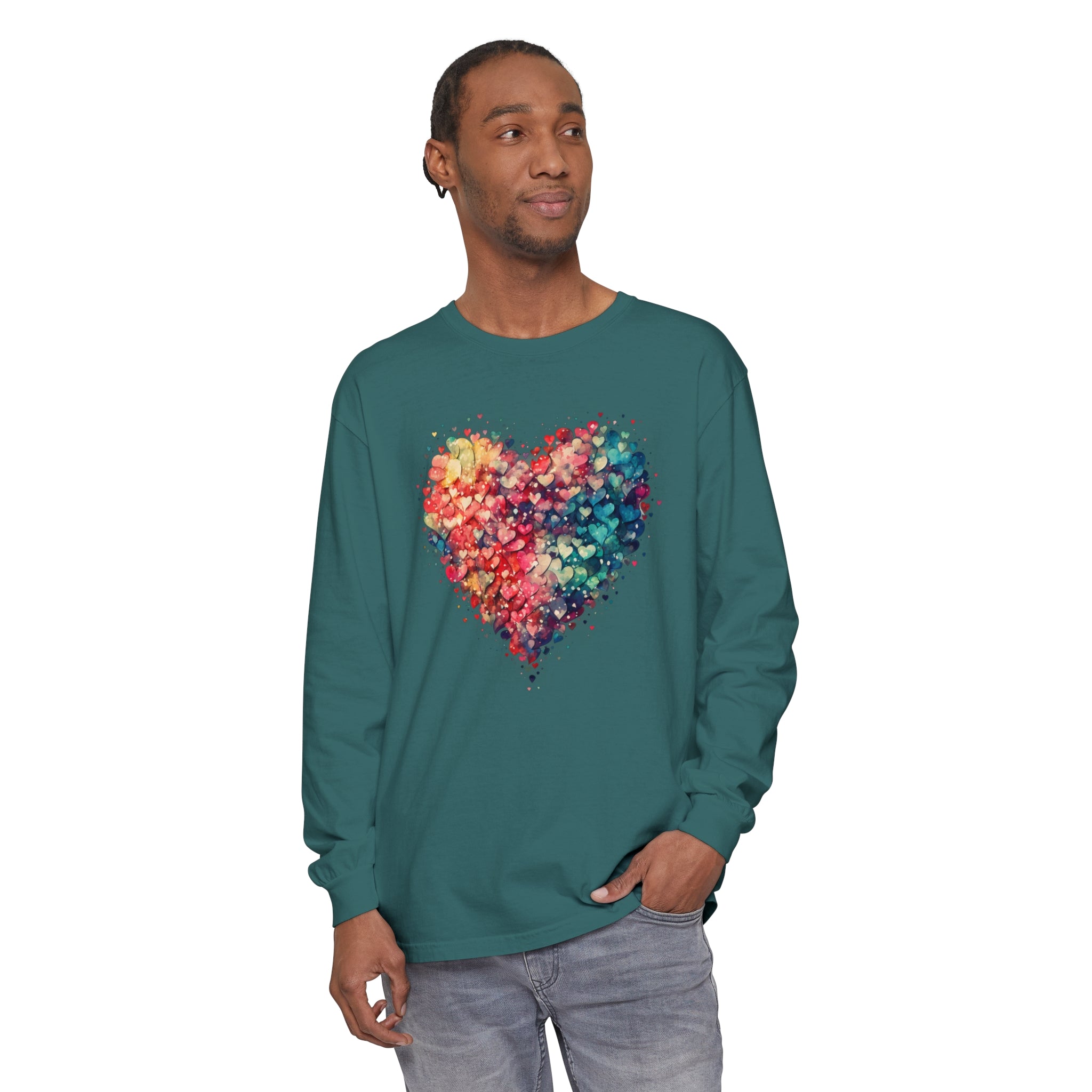 Watercolor Heart Long Sleeve T-Shirt, Colorful Heart Shirt, Cute Heart Valentines Love Long sleeve Tee, Beautiful Watercolor Heart, Hearts Layered Design