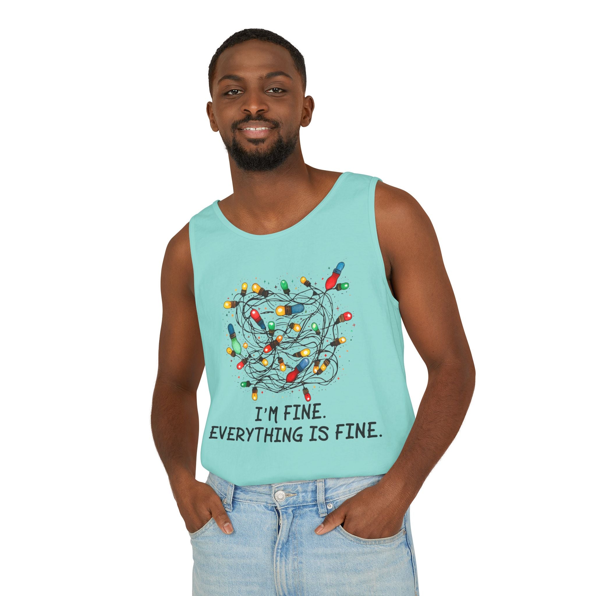 I'm Fine Everything is Fine Tank Top, Tangled Christmas Lights Tank Top, Unisex Xmas Graphic Tee, Christmas Lights Tank top