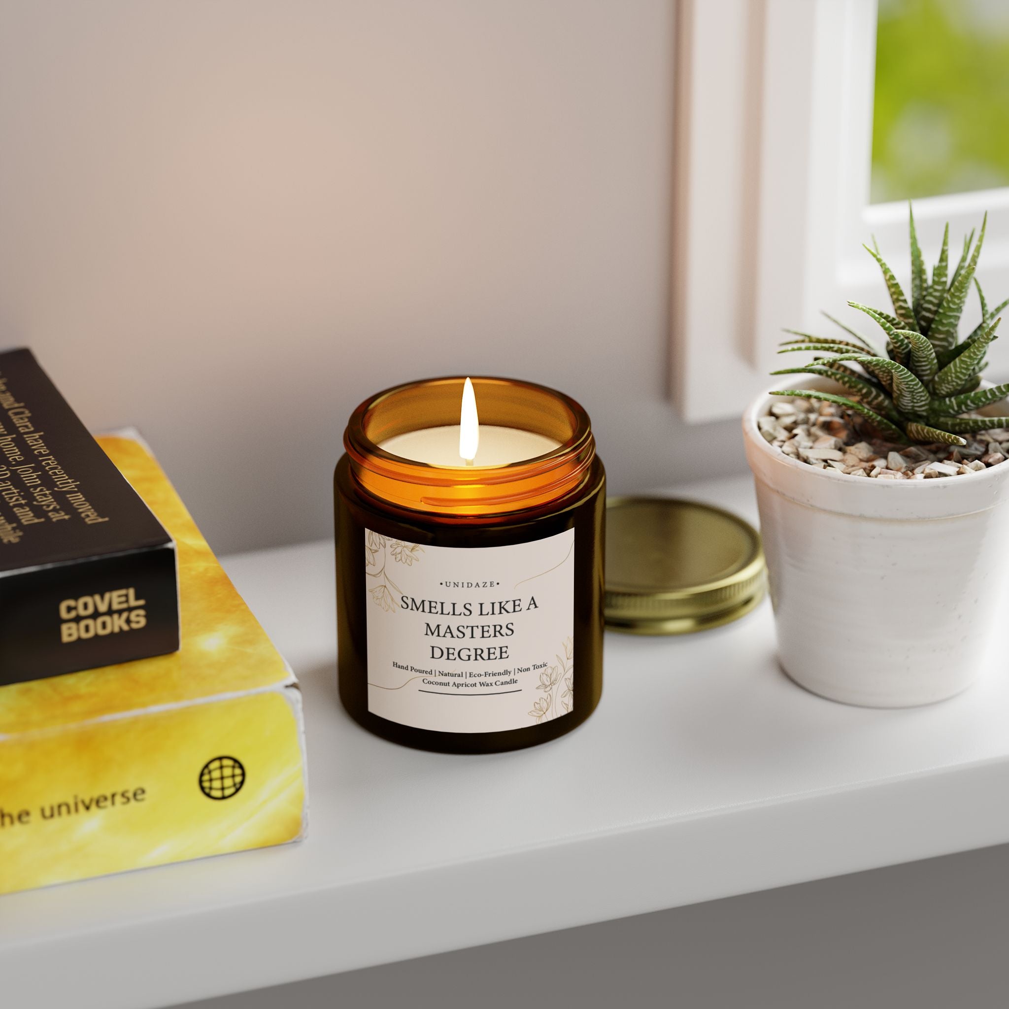 Smells Like A Masters Degree Scented Coconut Candle, Hand Poured 4 oz. 9 oz. Glass Jar, Two Degrees Hotter, Minimal, Graduation Gift, MBA MS MA