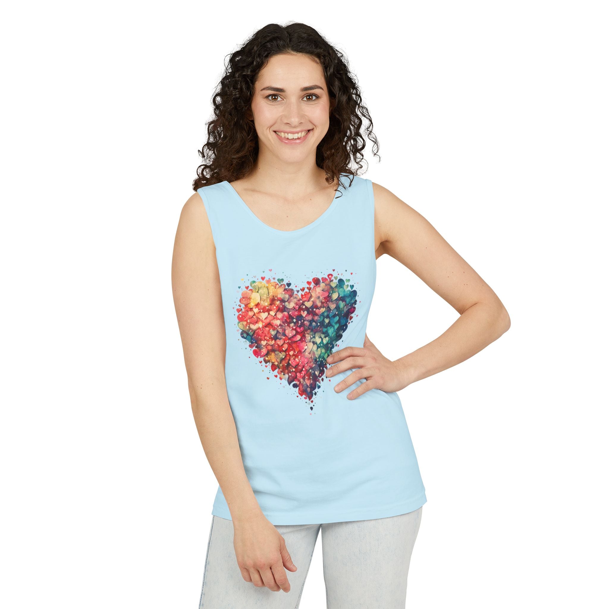 Watercolor Hearts Tank Top, Colorful Heart Shirt, Cute Heart Valentines Love Tank Top, Beautiful Watercolor Heart, Hearts Layered Design, Hearts Tank