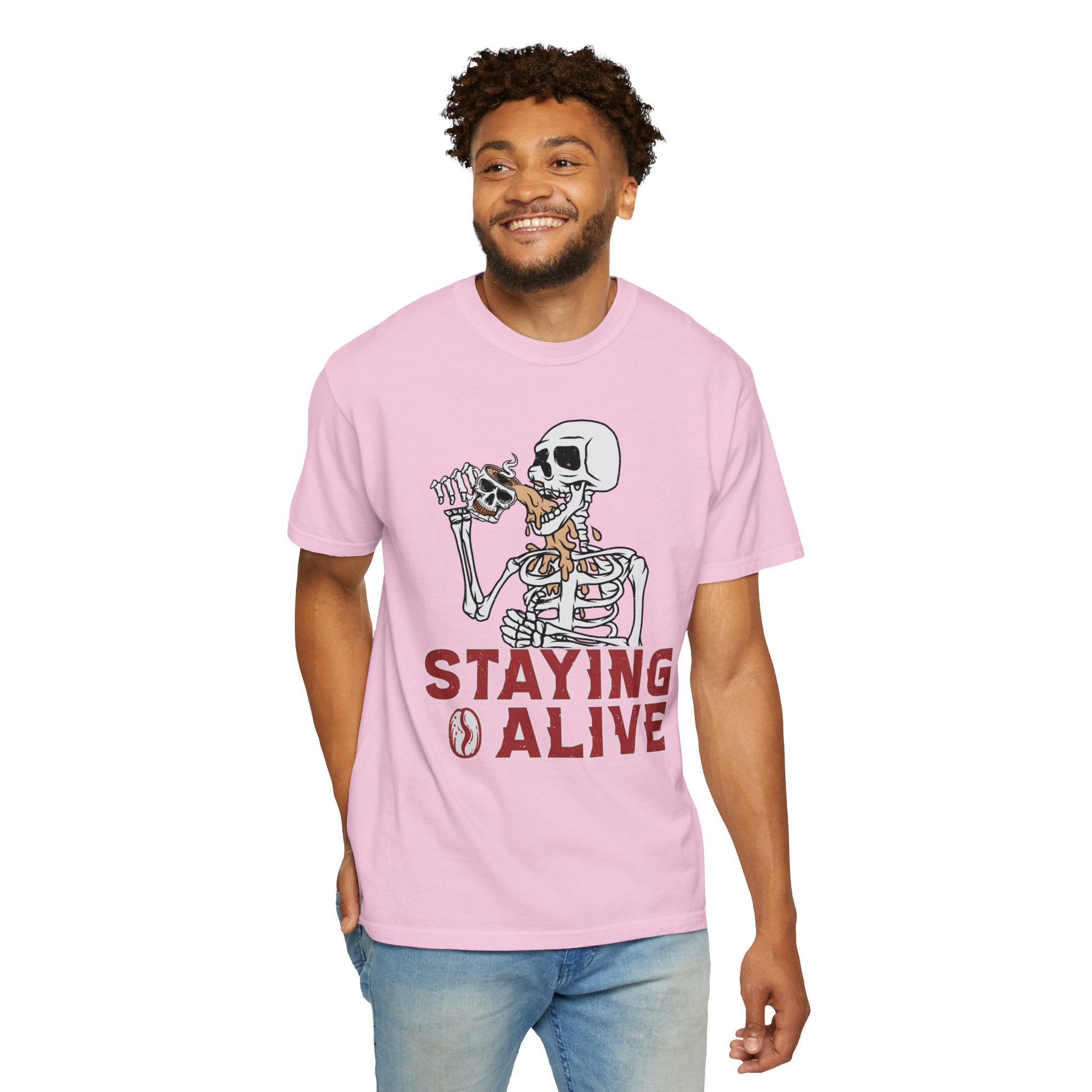 Staying Alive Shirt, Trendy Coffee Shirt, Funny Skeleton T-Shirt, Coffee Lovers Gift Skull Vintage Halloween Tshirt Women Comfort Colors Tee