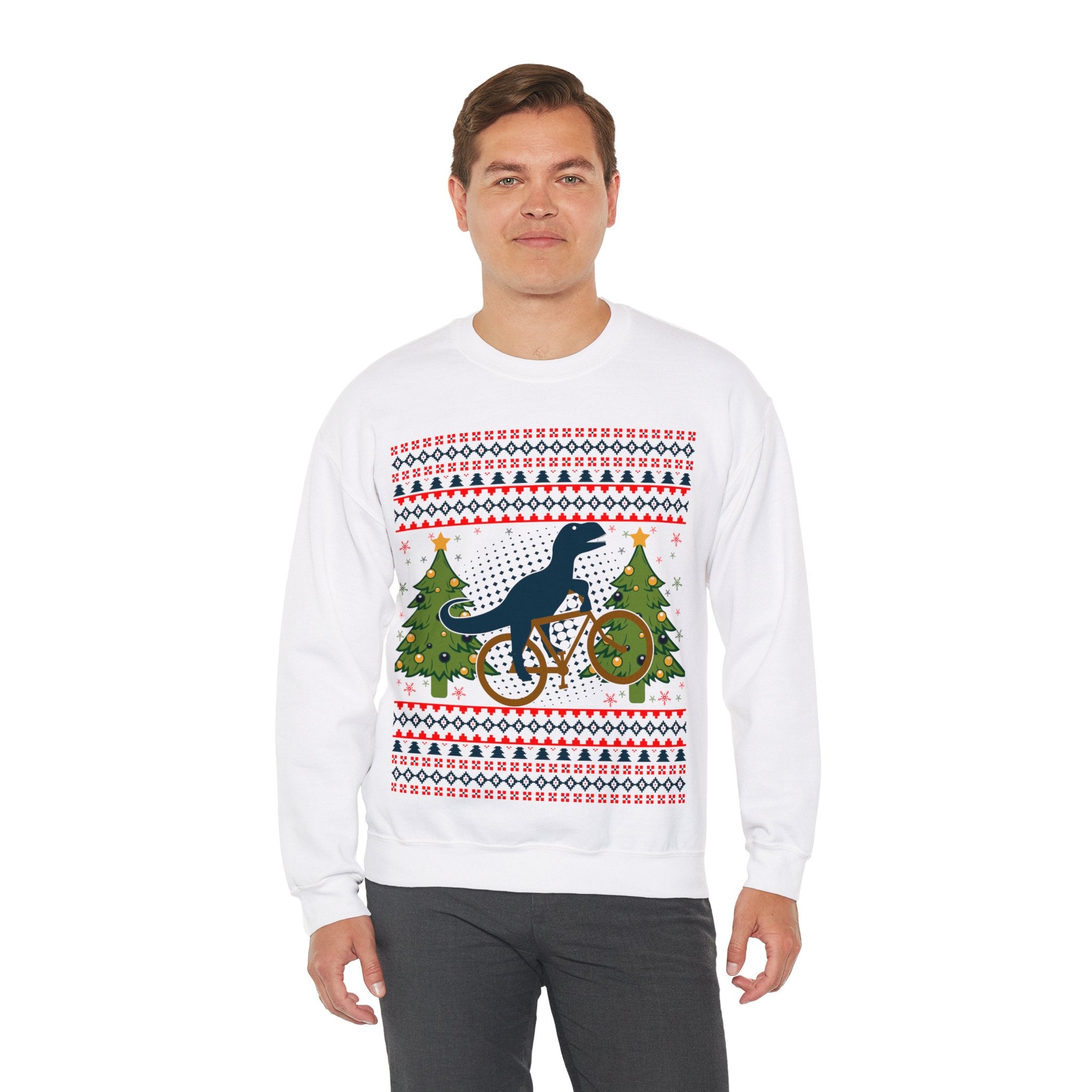 Ugly Christmas Dinosaur Riding Bike Sweater, Dinosaur Christmas Sweatshirt, Dino Riders shirt, Dinosaur on a Bike Shirt