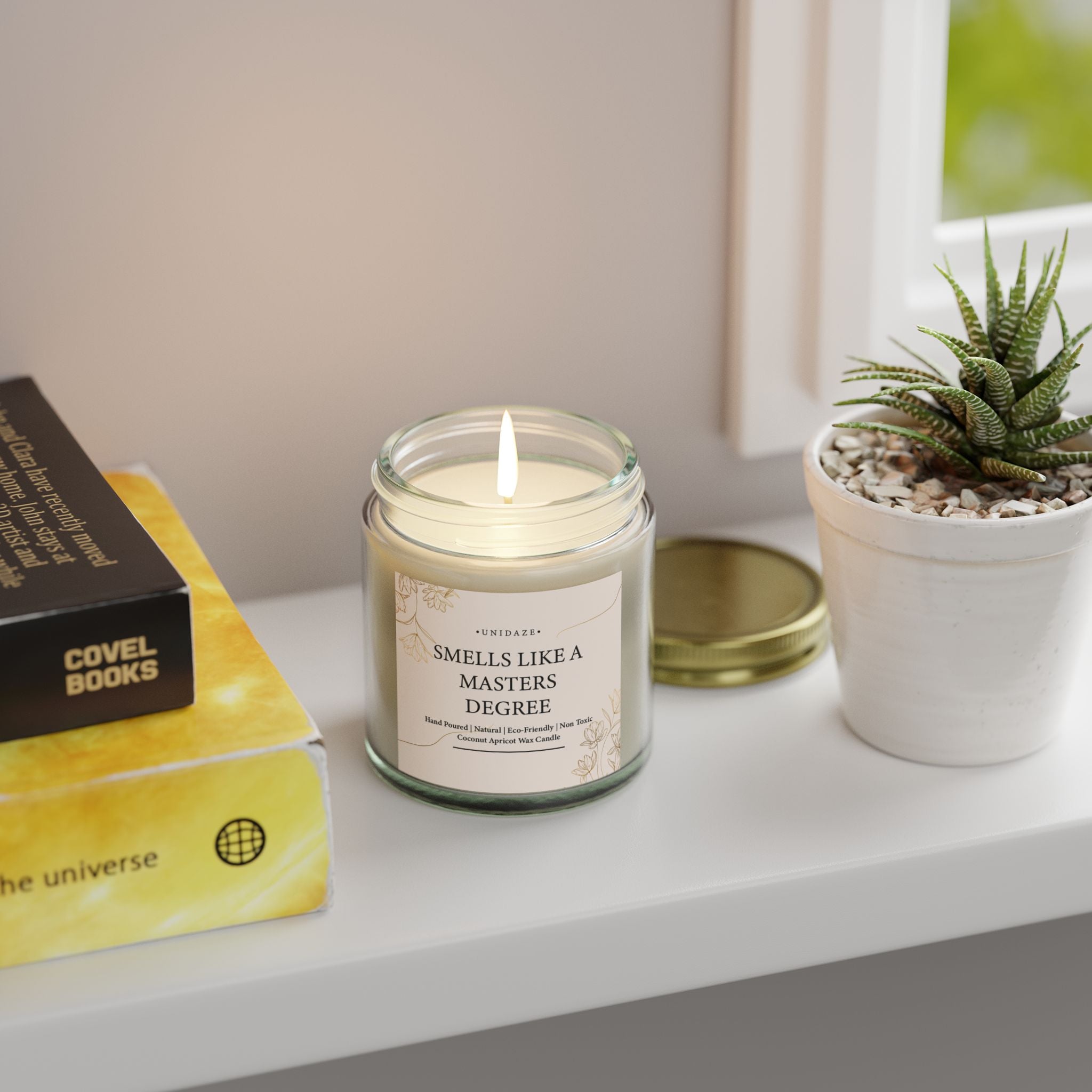 Smells Like A Masters Degree Scented Coconut Candle, Hand Poured 4 oz. 9 oz. Glass Jar, Two Degrees Hotter, Minimal, Graduation Gift, MBA MS MA