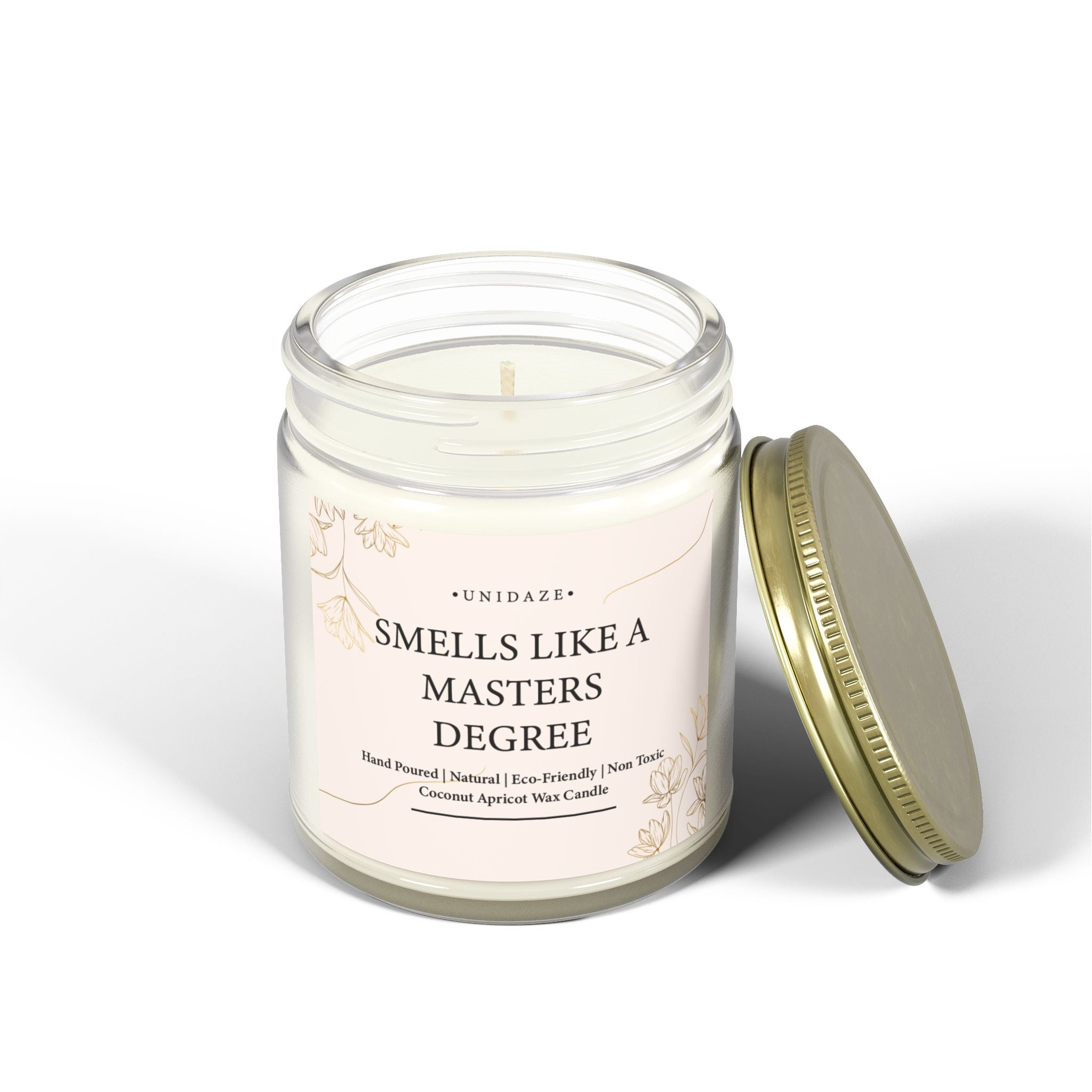 Smells Like A Masters Degree Scented Coconut Candle, Hand Poured 4 oz. 9 oz. Glass Jar, Two Degrees Hotter, Minimal, Graduation Gift, MBA MS MA