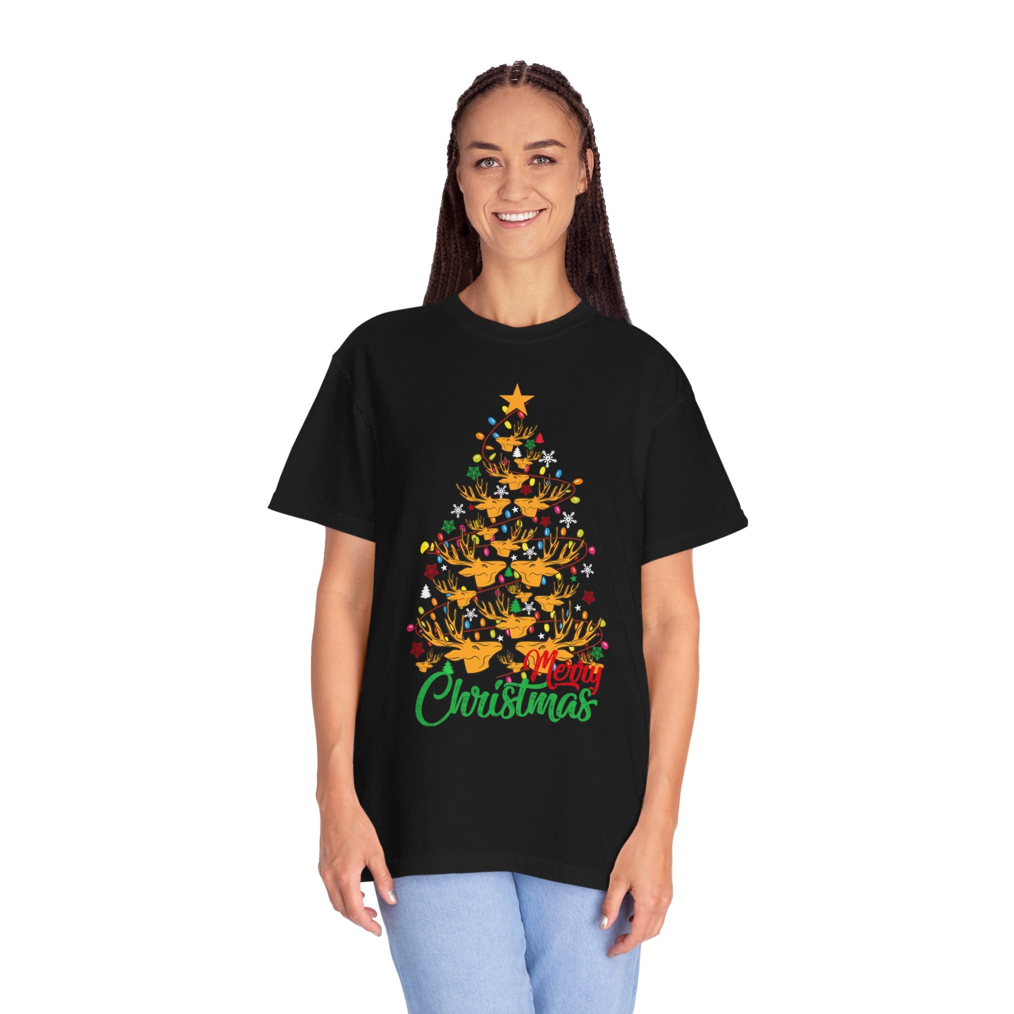 Christmas Tee, Christmas Deer Tree Shirt, Deer Head Trees Design on premium cotton unisex shirt, plus sizes, 2x, 3x, 4x
