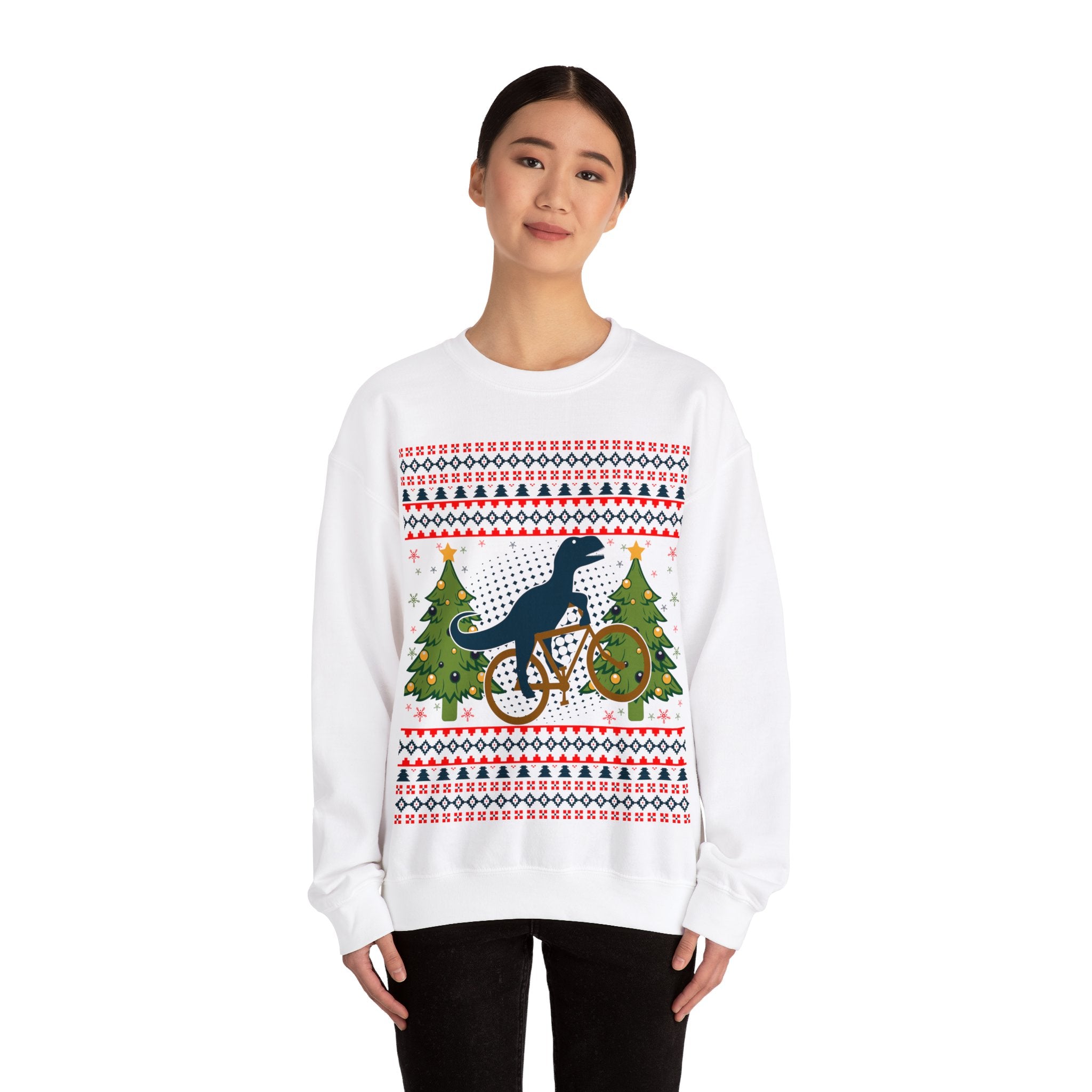 Ugly Christmas Dinosaur Riding Bike Sweater, Dinosaur Christmas Sweatshirt, Dino Riders shirt, Dinosaur on a Bike Shirt