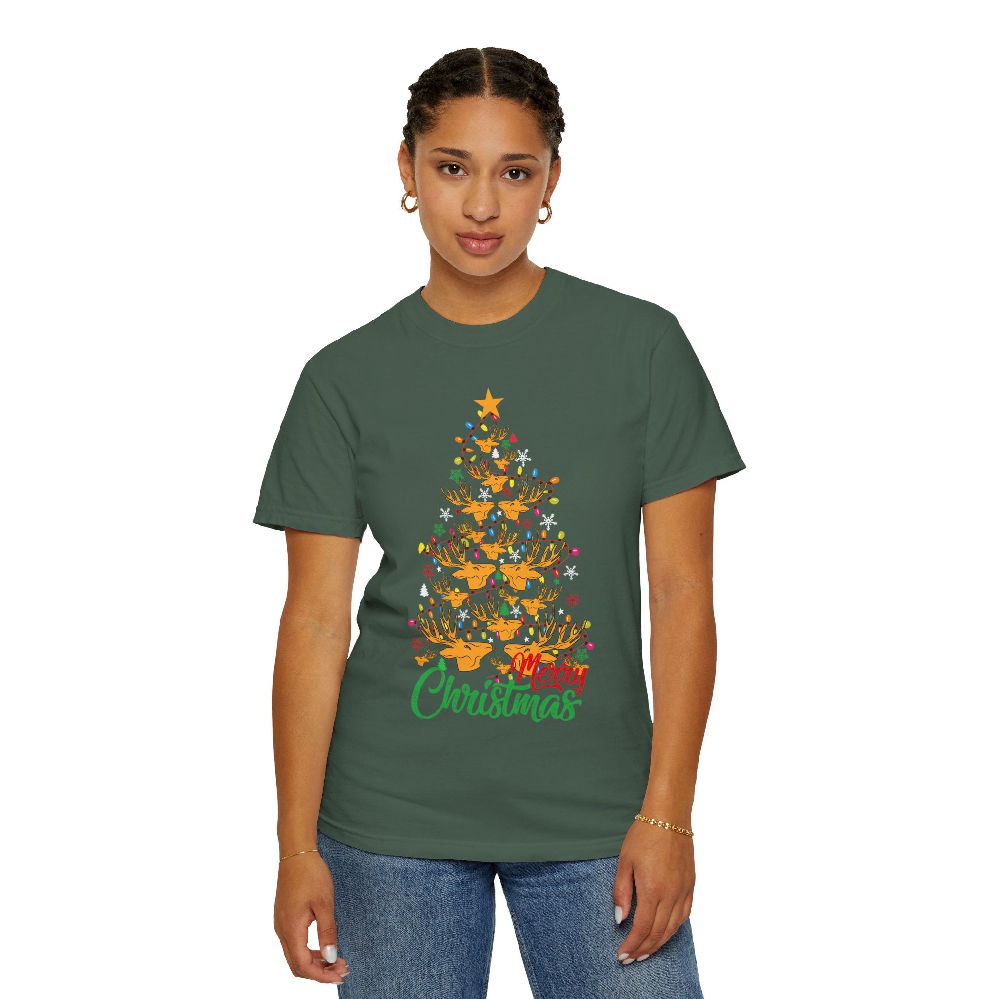 Christmas Tee, Christmas Deer Tree Shirt, Deer Head Trees Design on premium cotton unisex shirt, plus sizes, 2x, 3x, 4x