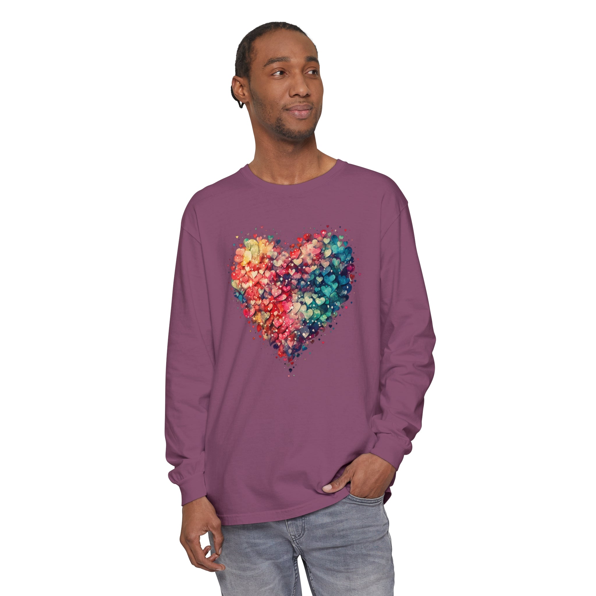 Watercolor Heart Long Sleeve T-Shirt, Colorful Heart Shirt, Cute Heart Valentines Love Long sleeve Tee, Beautiful Watercolor Heart, Hearts Layered Design