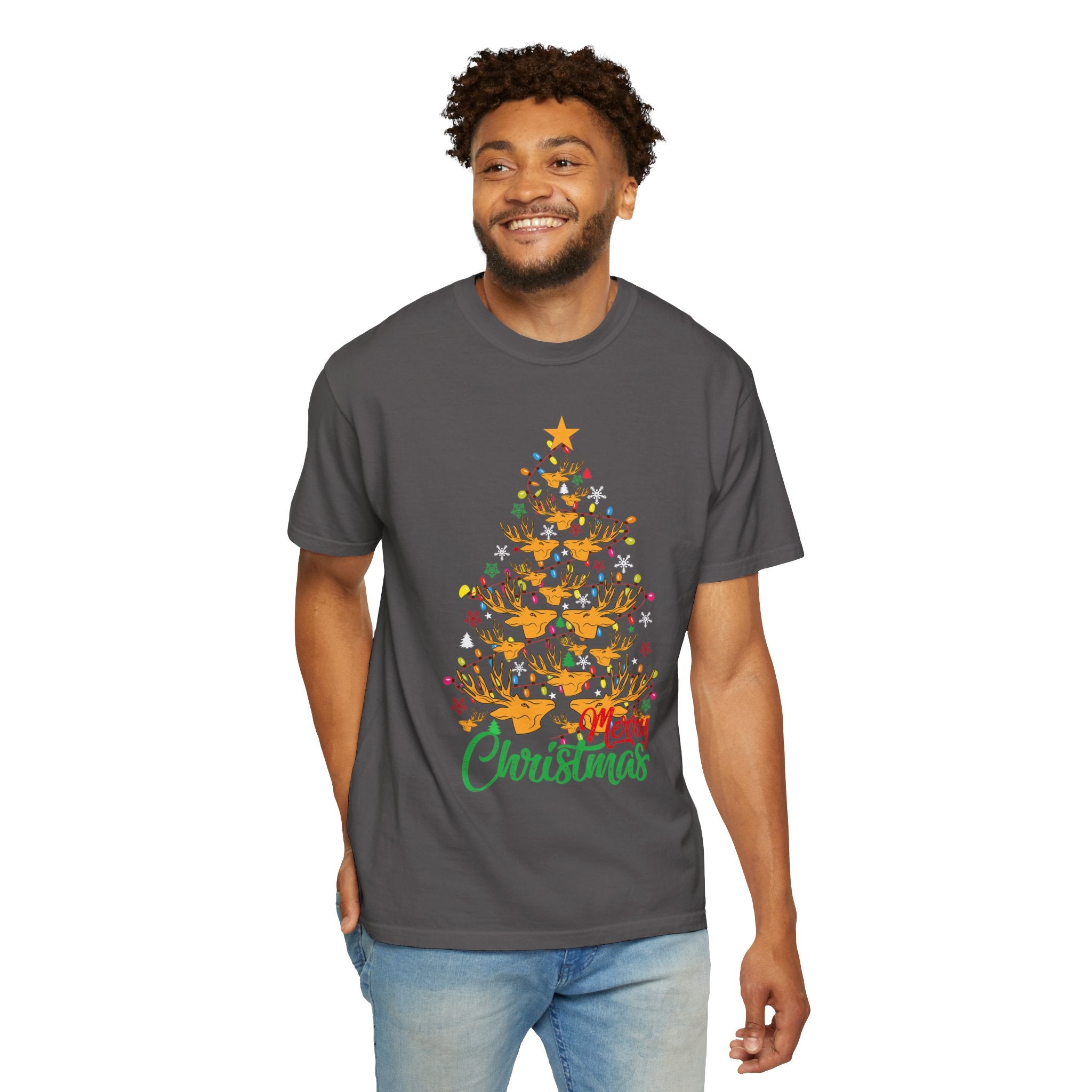 Christmas Tee, Christmas Deer Tree Shirt, Deer Head Trees Design on premium cotton unisex shirt, plus sizes, 2x, 3x, 4x