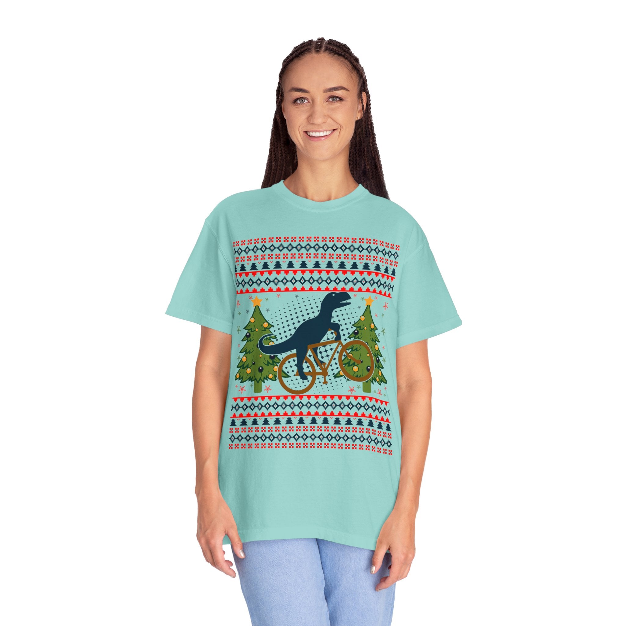 Ugly Christmas Dinosaur Riding Bike Shirt, Dinosaur Christmas Sweater, Dino Riders Tshirt, Dinosaur on a Bike Shirt