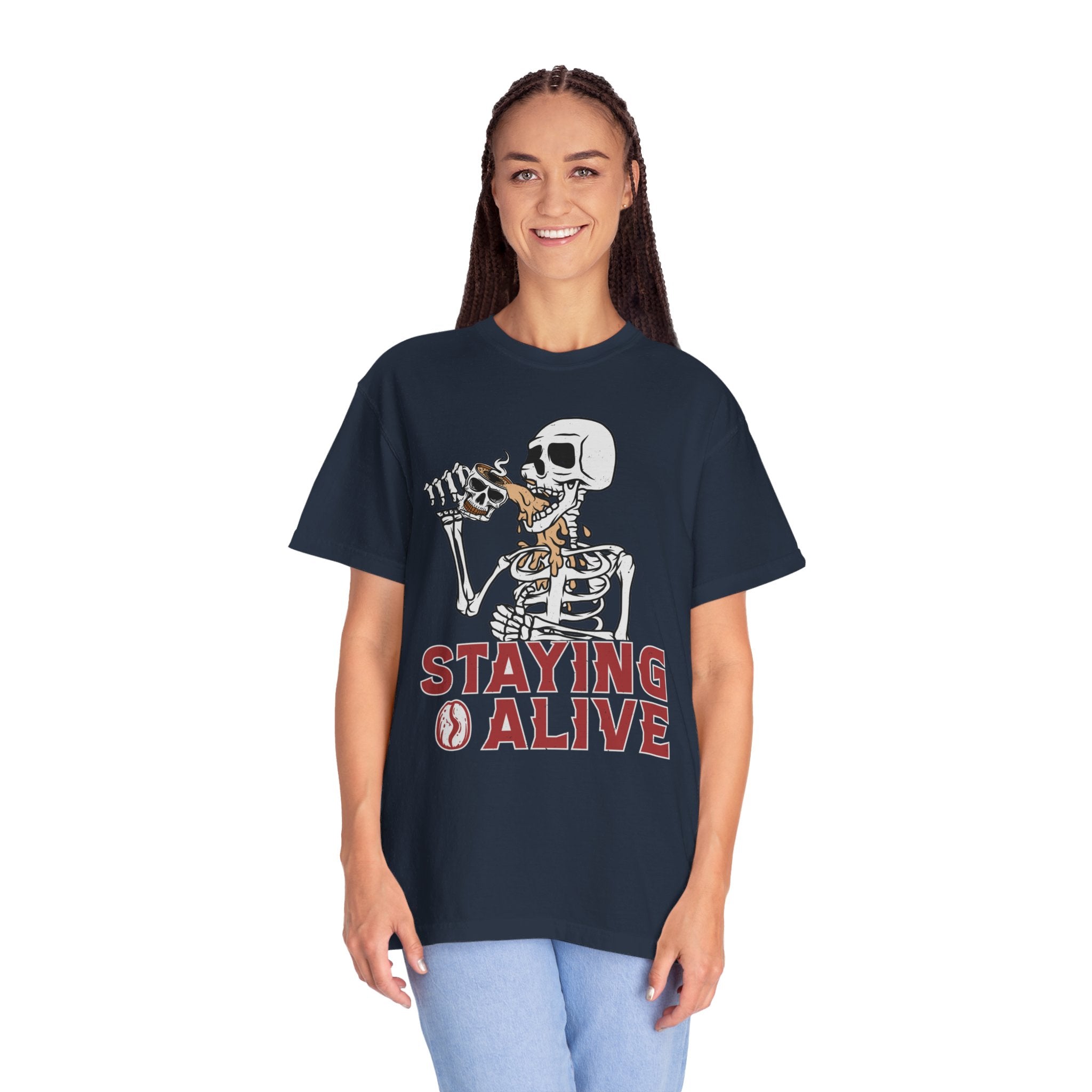 Staying Alive Shirt, Trendy Coffee Shirt, Funny Skeleton T-Shirt, Coffee Lovers Gift Skull Vintage Halloween Tshirt Women Comfort Colors Tee