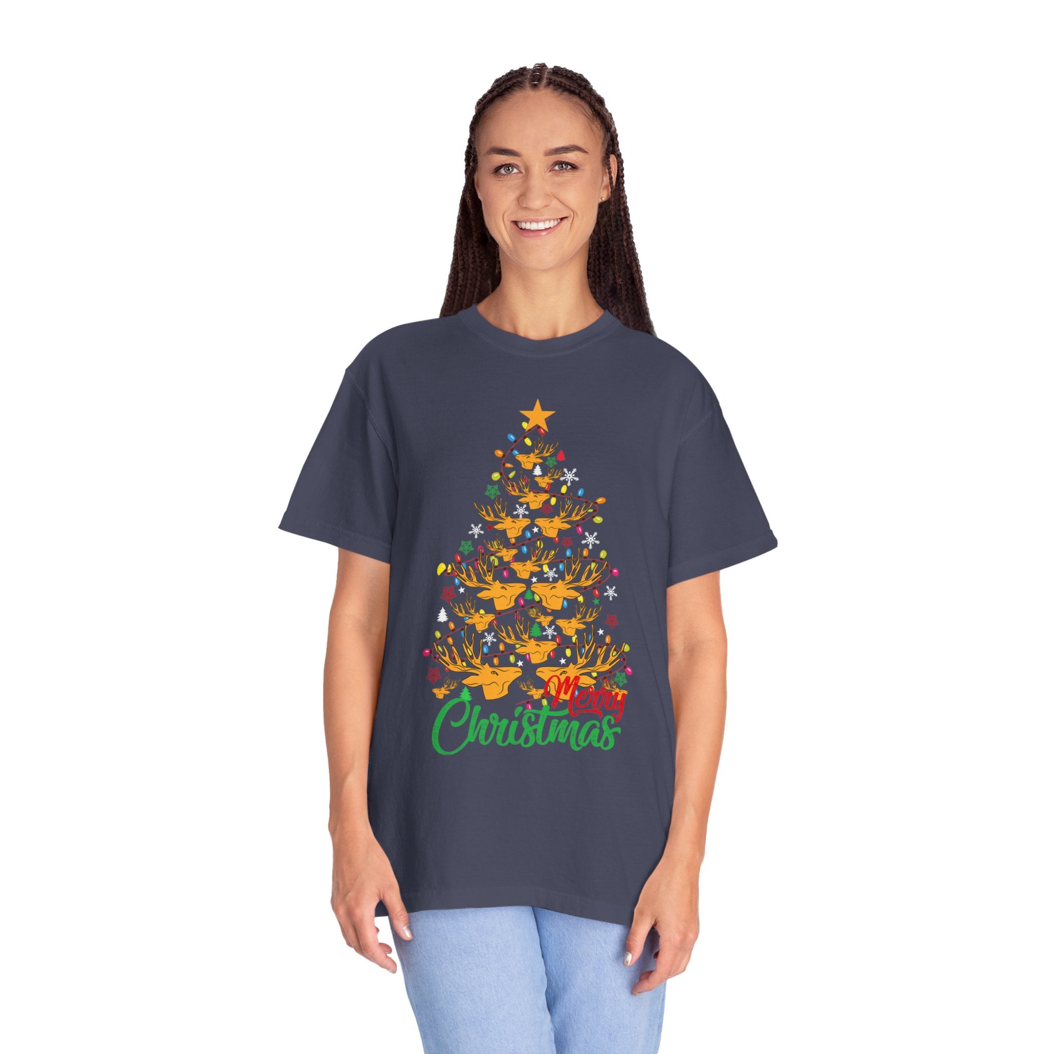 Christmas Tee, Christmas Deer Tree Shirt, Deer Head Trees Design on premium cotton unisex shirt, plus sizes, 2x, 3x, 4x