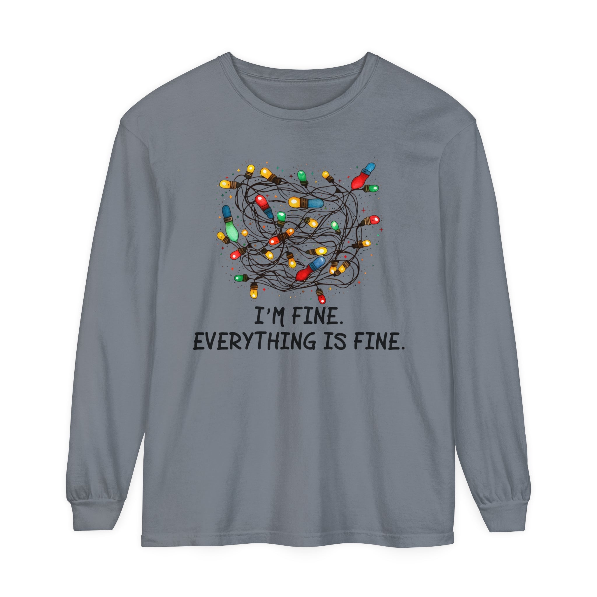 I'm Fine Everything Is Fine Long Sleeve T-Shirt, I'm Fine Tangled Christmas Lights Comfort Colors Long Sleeve Shirt, Introverts Christmas Anxiety Shirt