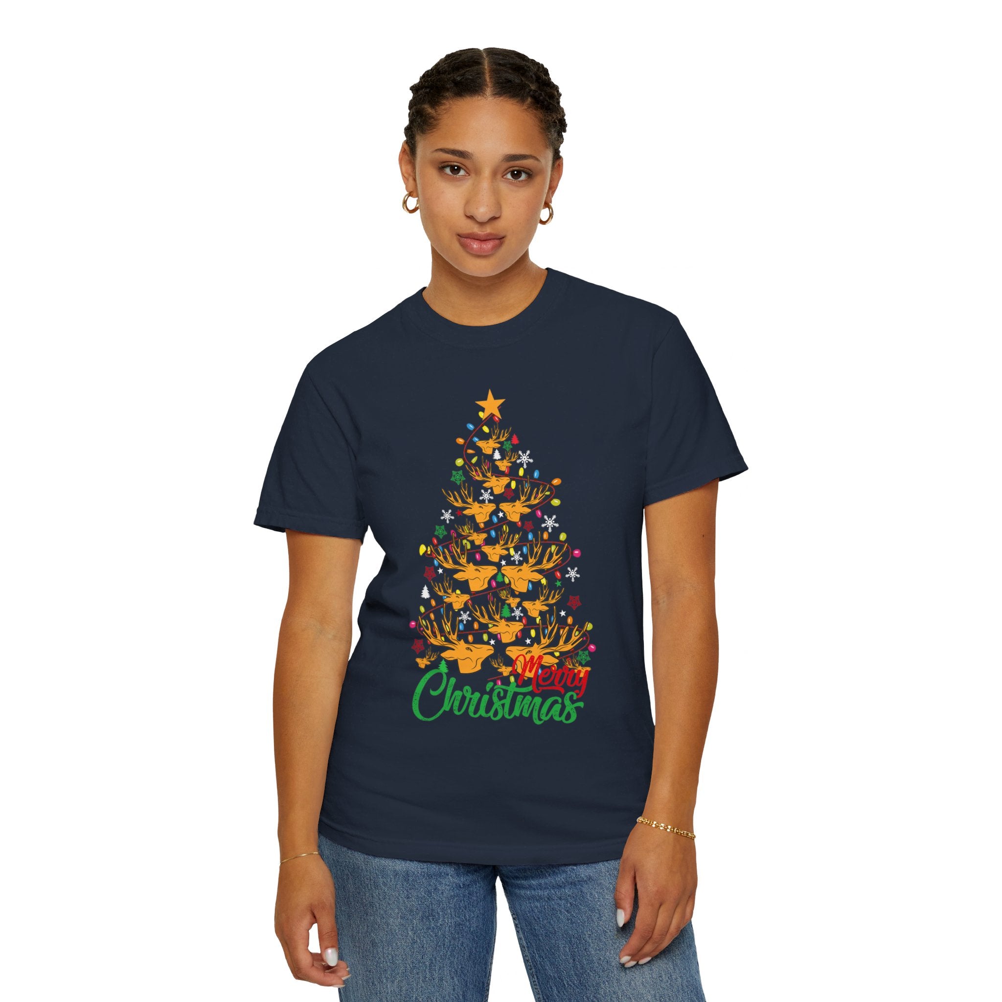 Christmas Tee, Christmas Deer Tree Shirt, Deer Head Trees Design on premium cotton unisex shirt, plus sizes, 2x, 3x, 4x