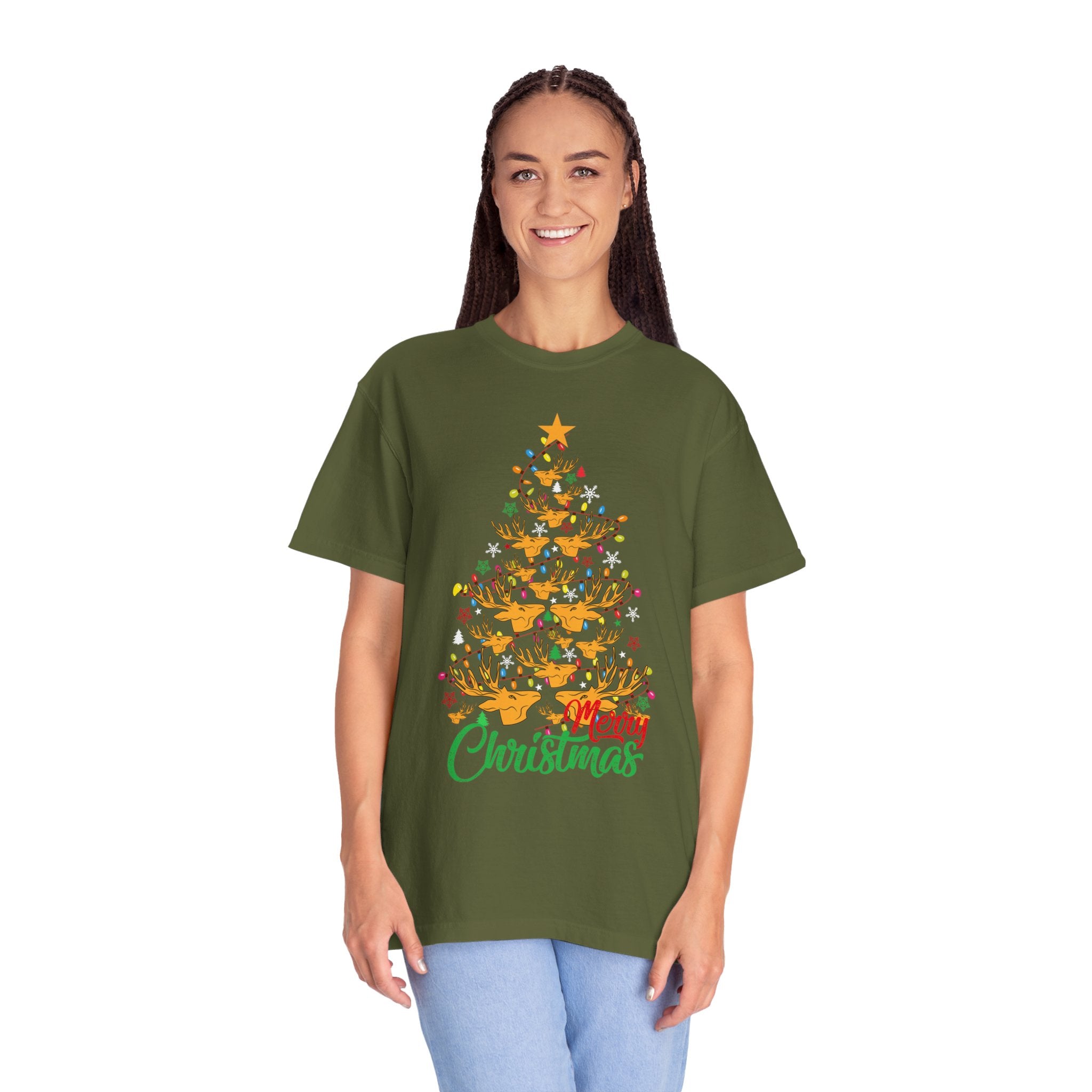 Christmas Tee, Christmas Deer Tree Shirt, Deer Head Trees Design on premium cotton unisex shirt, plus sizes, 2x, 3x, 4x