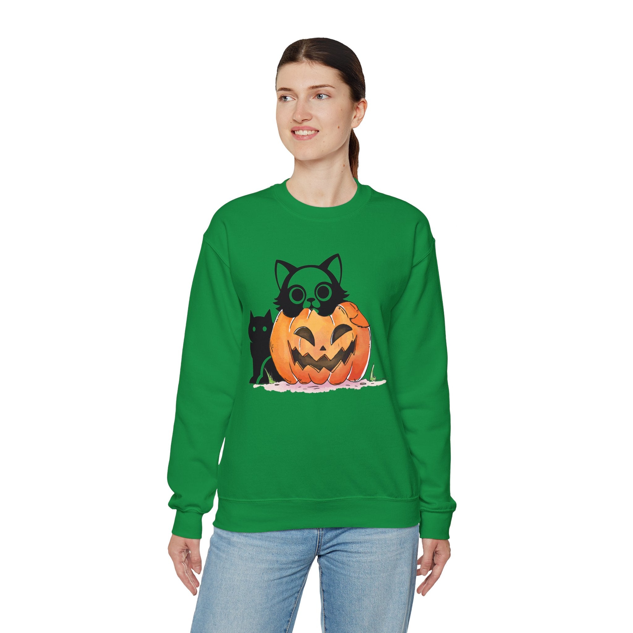 Black Cat Pumpkin Sweatshirt, Halloween Sweatshirt, Pumpkin shirt, Fall Sweatshirt for Women, Halloween Crewneck, Spooky Season, Bat top