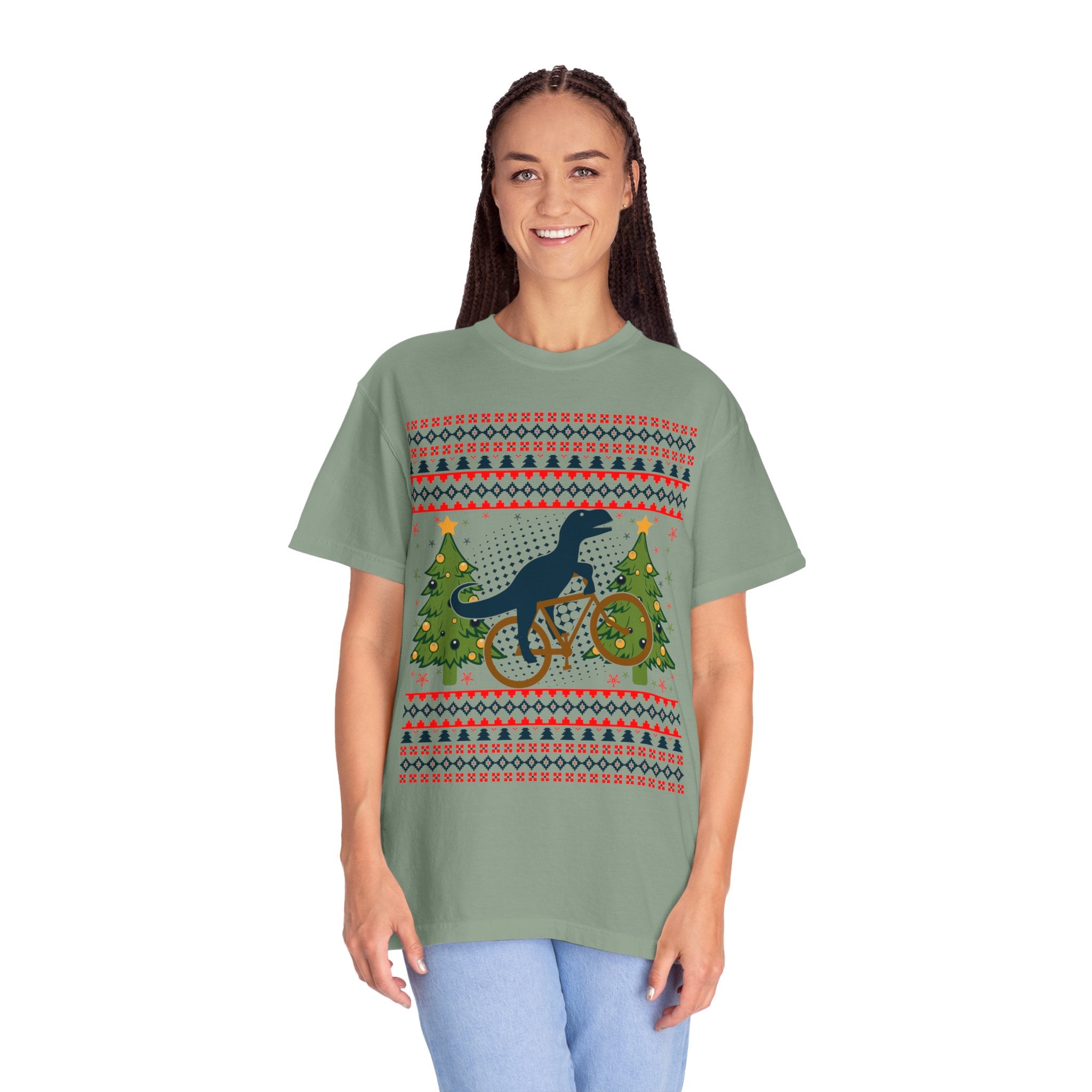 Ugly Christmas Dinosaur Riding Bike Shirt, Dinosaur Christmas Sweater, Dino Riders Tshirt, Dinosaur on a Bike Shirt