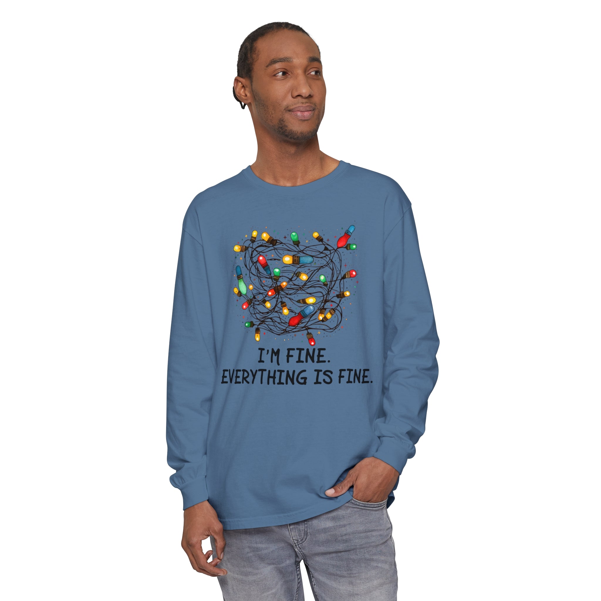 I'm Fine Everything Is Fine Long Sleeve T-Shirt, I'm Fine Tangled Christmas Lights Comfort Colors Long Sleeve Shirt, Introverts Christmas Anxiety Shirt