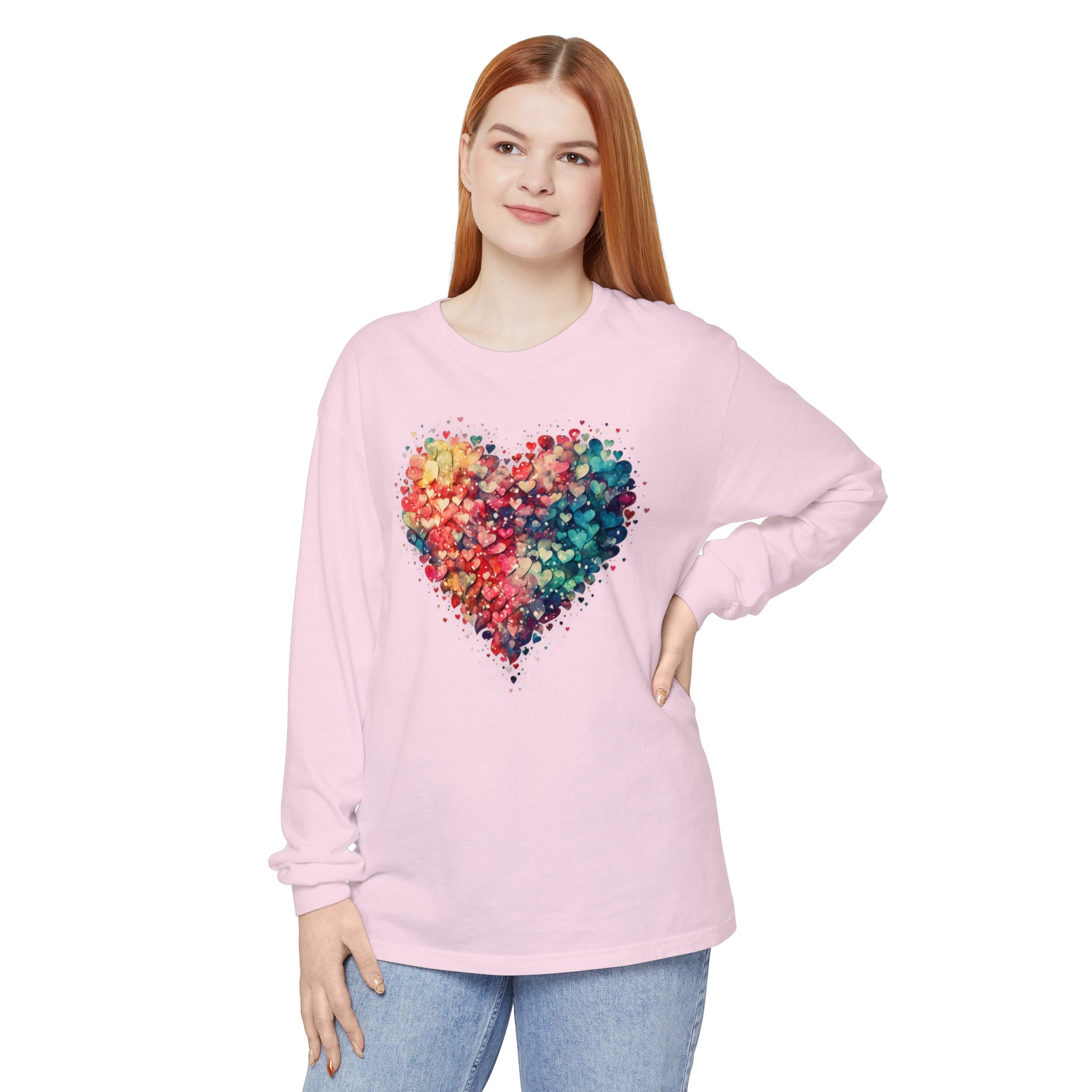 Watercolor Heart Long Sleeve T-Shirt, Colorful Heart Shirt, Cute Heart Valentines Love Long sleeve Tee, Beautiful Watercolor Heart, Hearts Layered Design