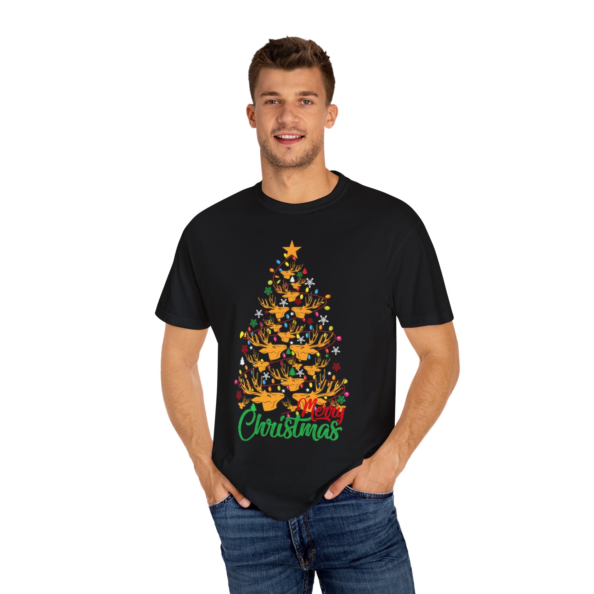 Christmas Tee, Christmas Deer Tree Shirt, Deer Head Trees Design on premium cotton unisex shirt, plus sizes, 2x, 3x, 4x