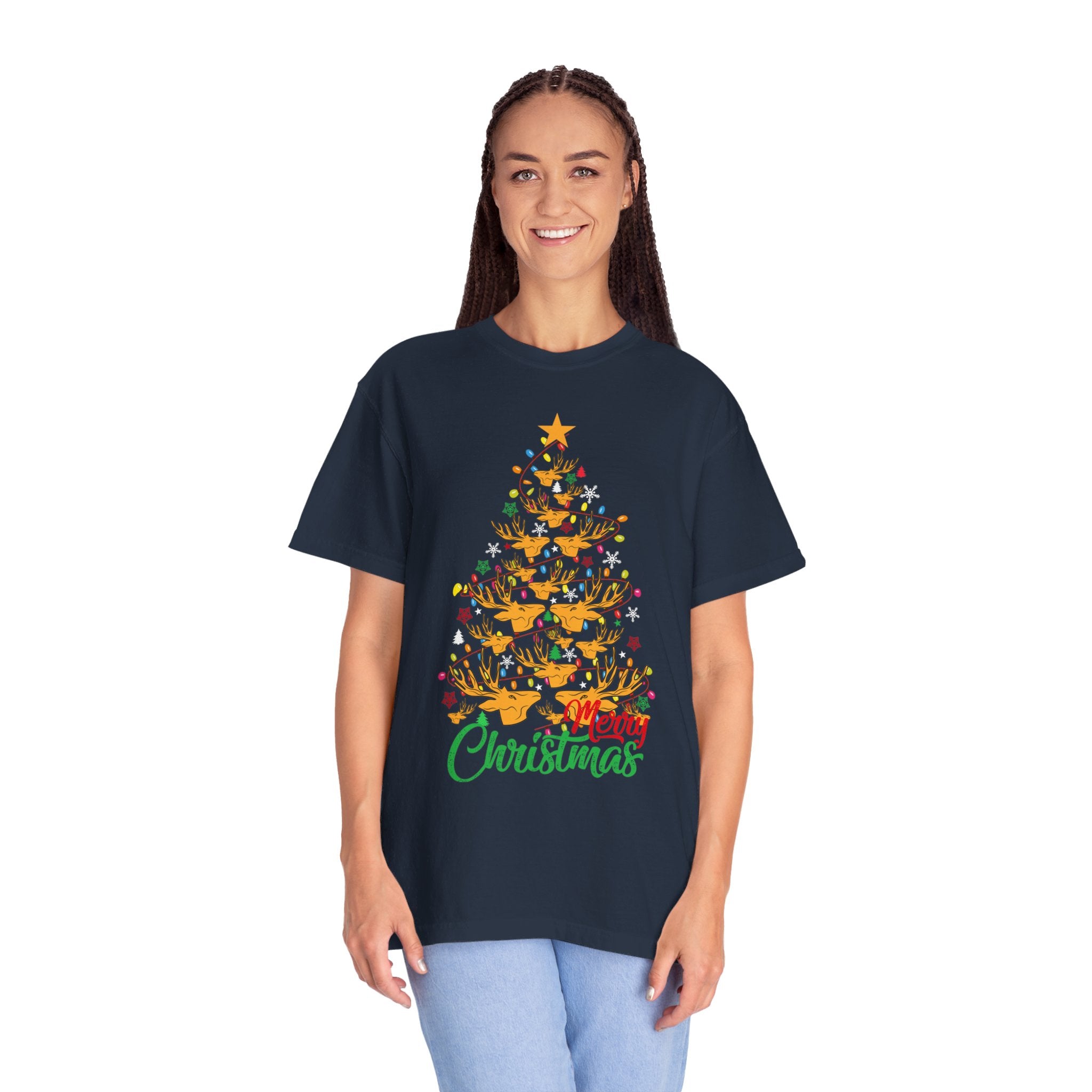 Christmas Tee, Christmas Deer Tree Shirt, Deer Head Trees Design on premium cotton unisex shirt, plus sizes, 2x, 3x, 4x