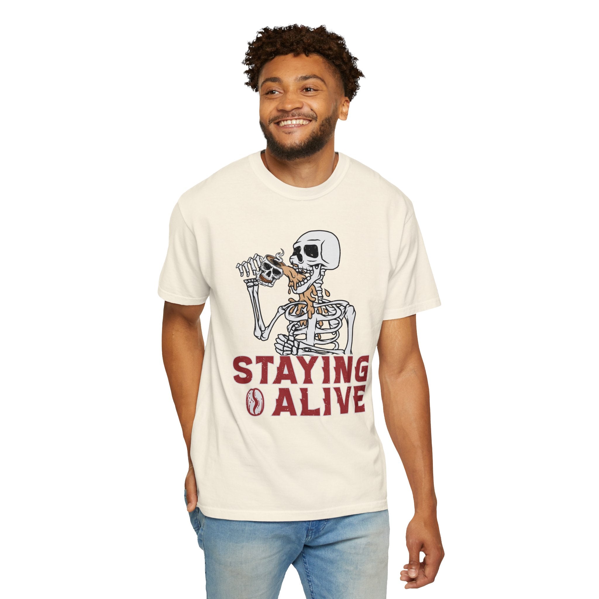 Staying Alive Shirt, Trendy Coffee Shirt, Funny Skeleton T-Shirt, Coffee Lovers Gift Skull Vintage Halloween Tshirt Women Comfort Colors Tee