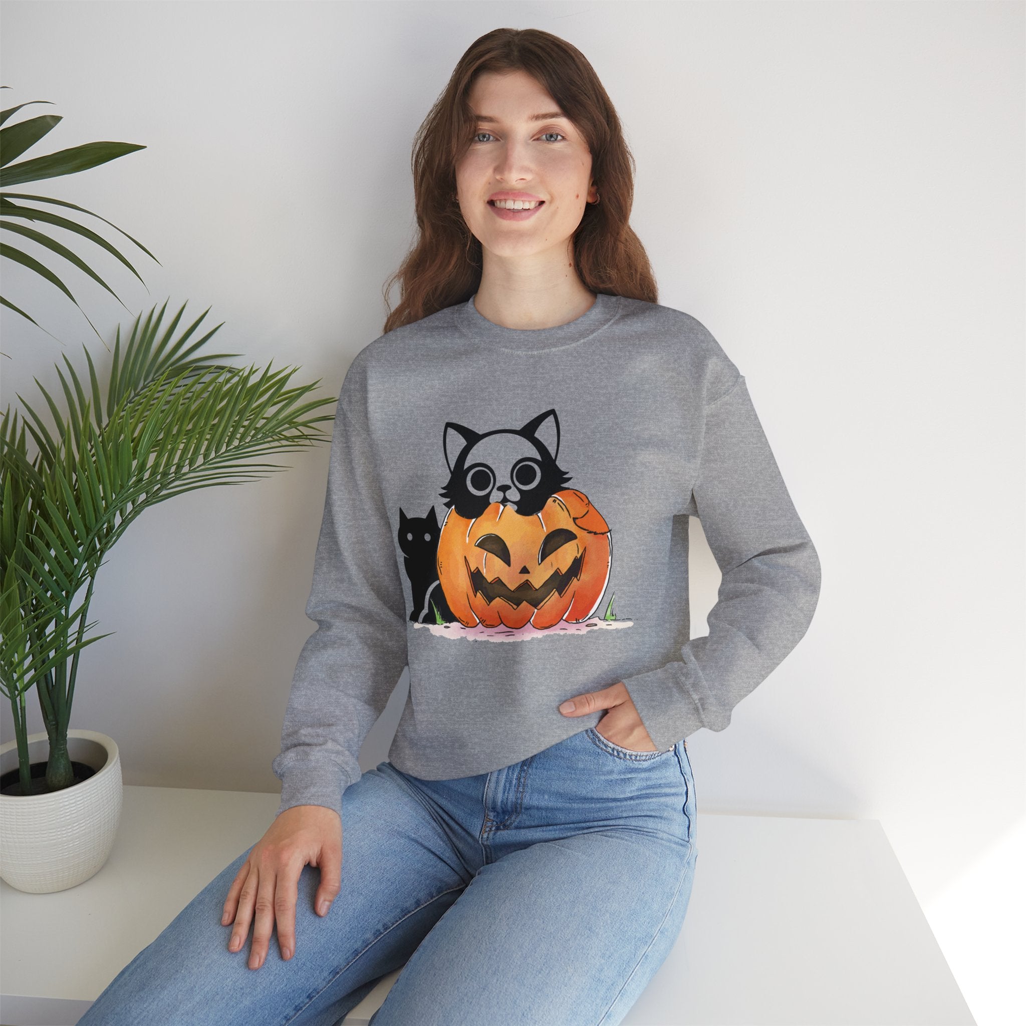 Black Cat Pumpkin Sweatshirt, Halloween Sweatshirt, Pumpkin shirt, Fall Sweatshirt for Women, Halloween Crewneck, Spooky Season, Bat top