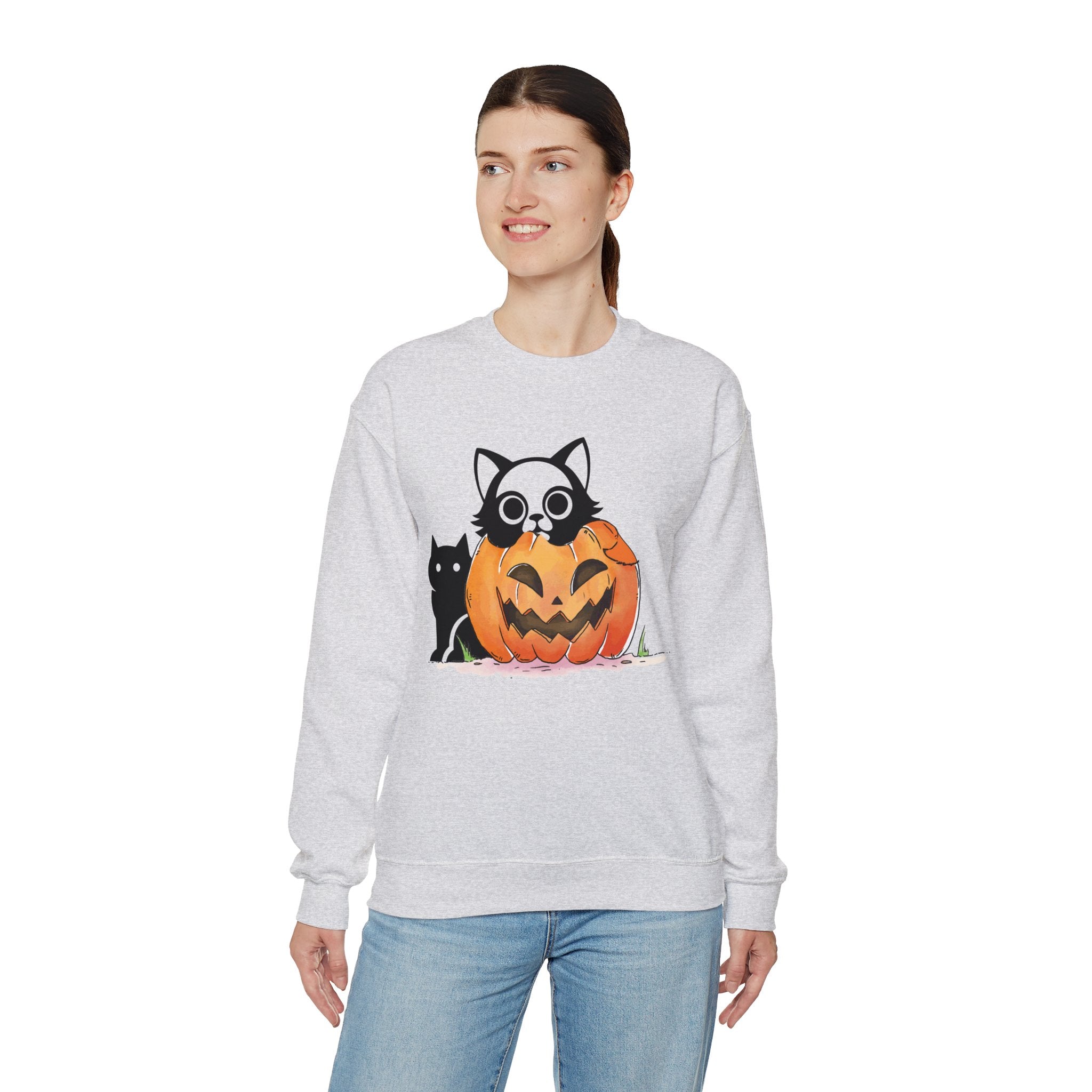 Black Cat Pumpkin Sweatshirt, Halloween Sweatshirt, Pumpkin shirt, Fall Sweatshirt for Women, Halloween Crewneck, Spooky Season, Bat top