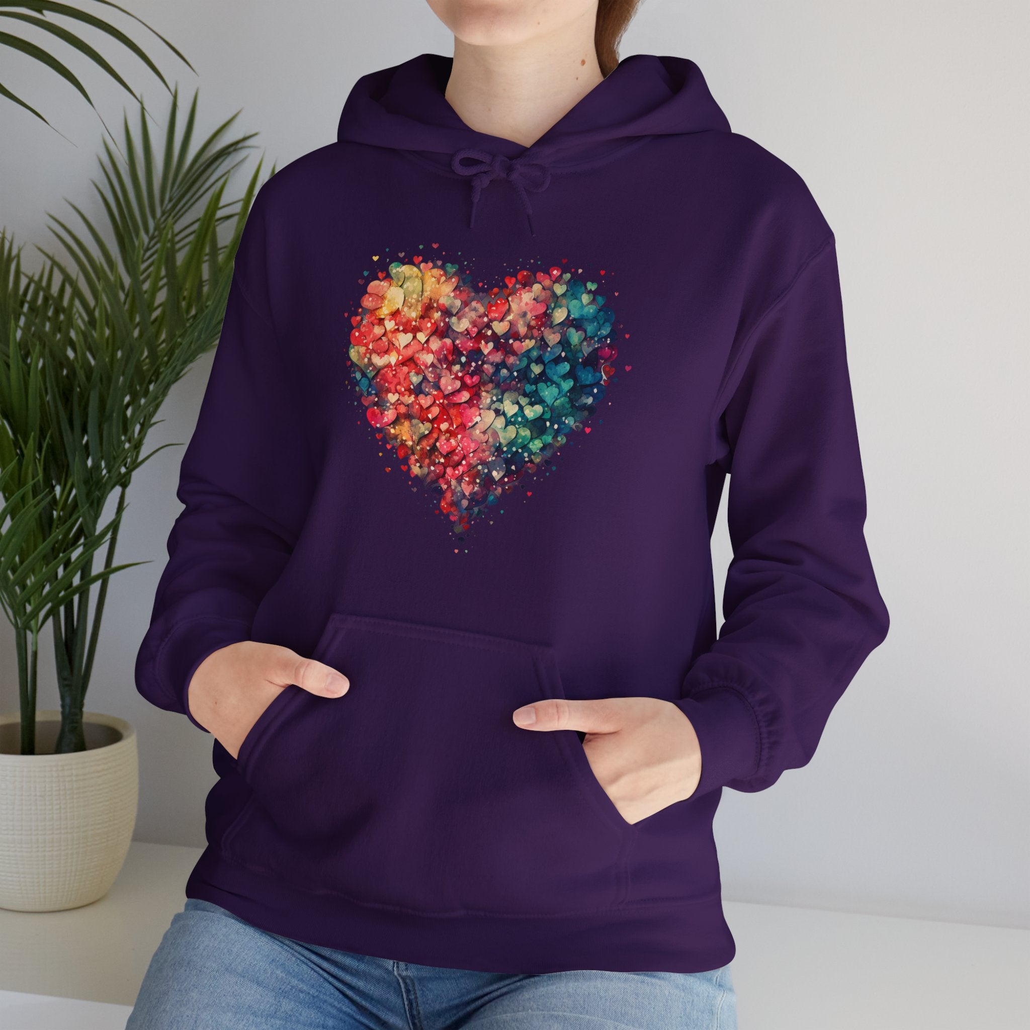 Watercolor Heart Hoodie, Valentine Heart Hooded Sweater, Cute Pocket Hoodie, Colorful Heart Sweatshirt, Minimalist Hoodie, Love Sweatshirt