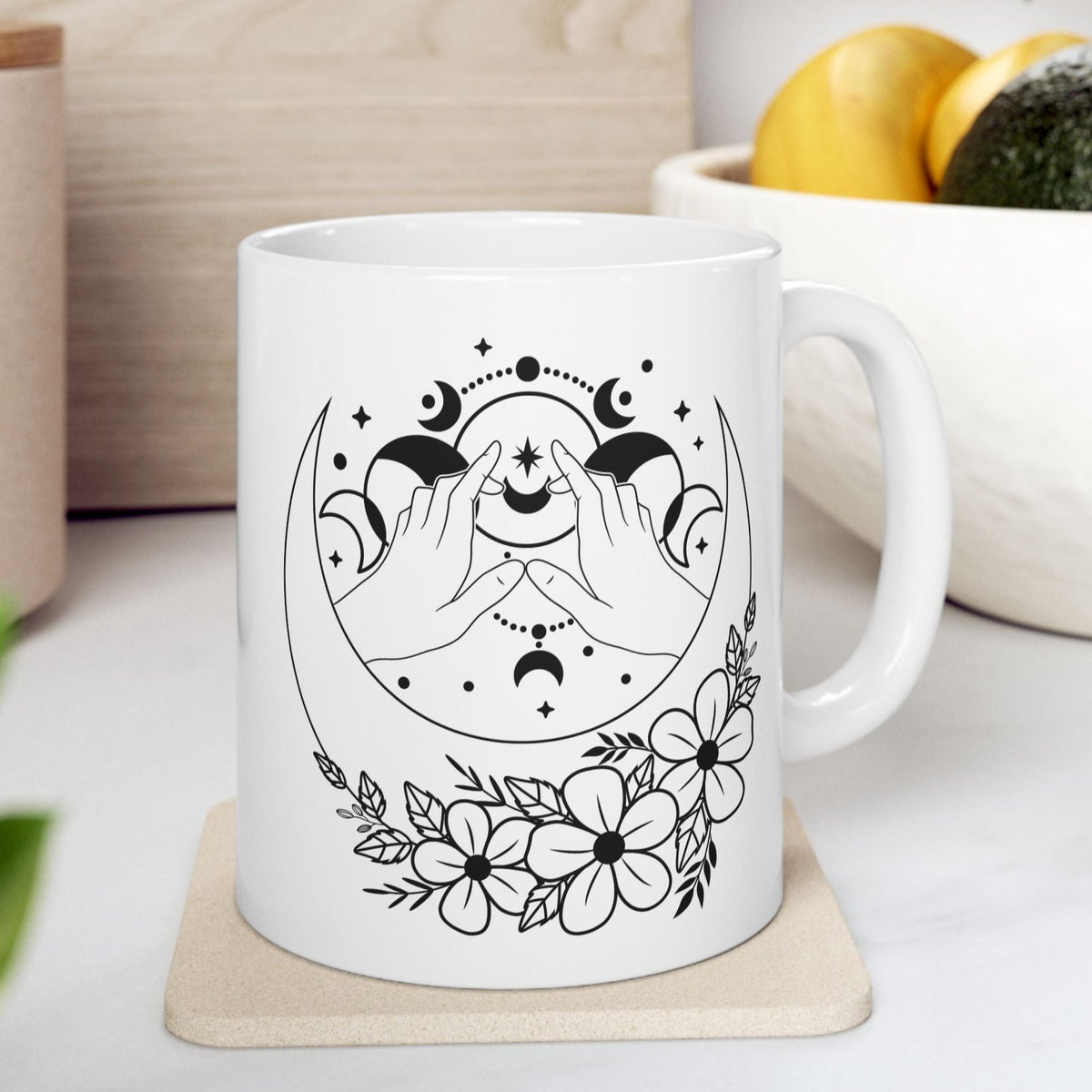 Mystical Moon Phase Witch Hands Mug, Moon Phase Coffee Mug, Celestial Mug, Floral Moon Phase Cup