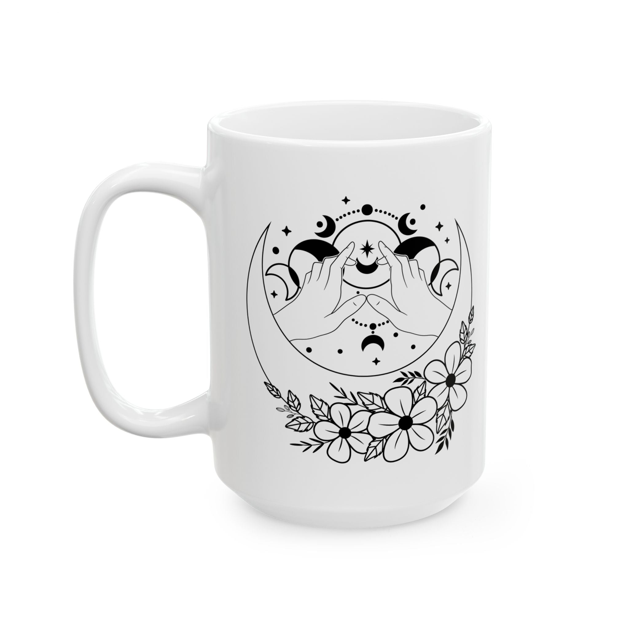 Mystical Moon Phase Witch Hands Mug, Moon Phase Coffee Mug, Celestial Mug, Floral Moon Phase Cup