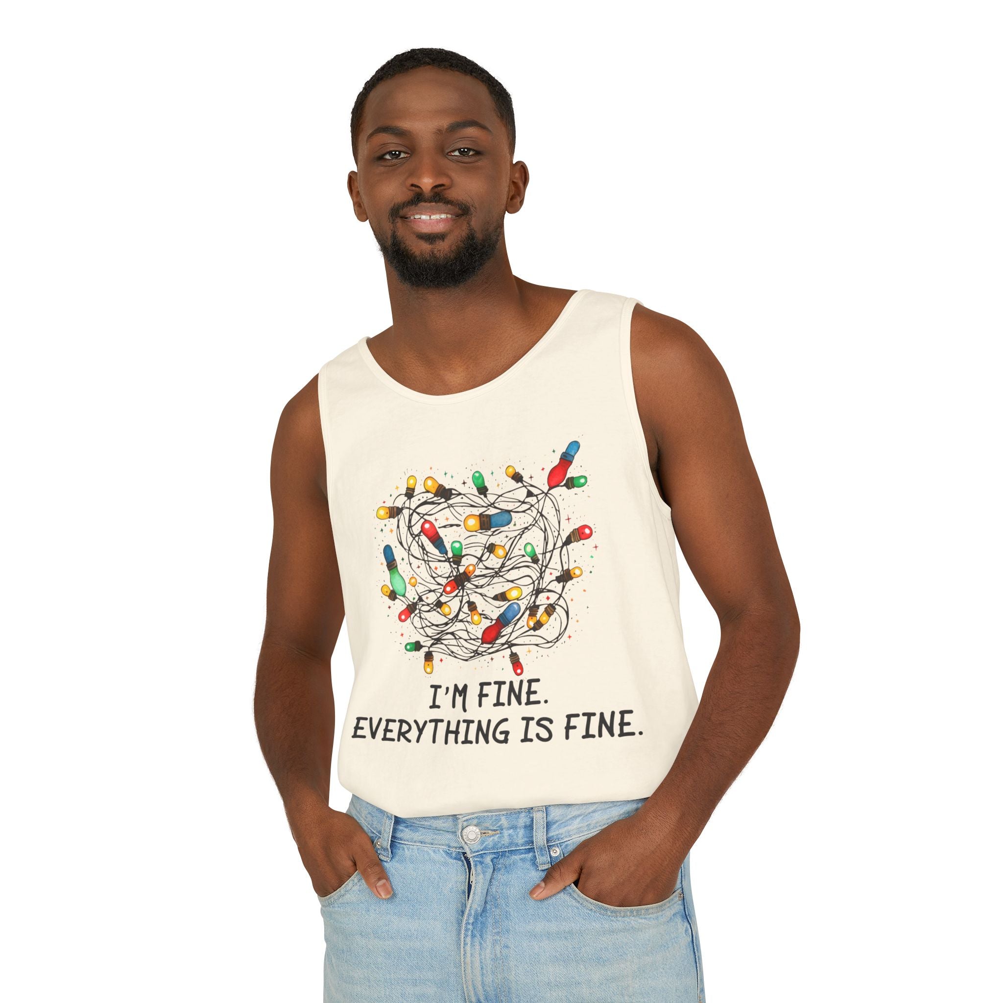 I'm Fine Everything is Fine Tank Top, Tangled Christmas Lights Tank Top, Unisex Xmas Graphic Tee, Christmas Lights Tank top