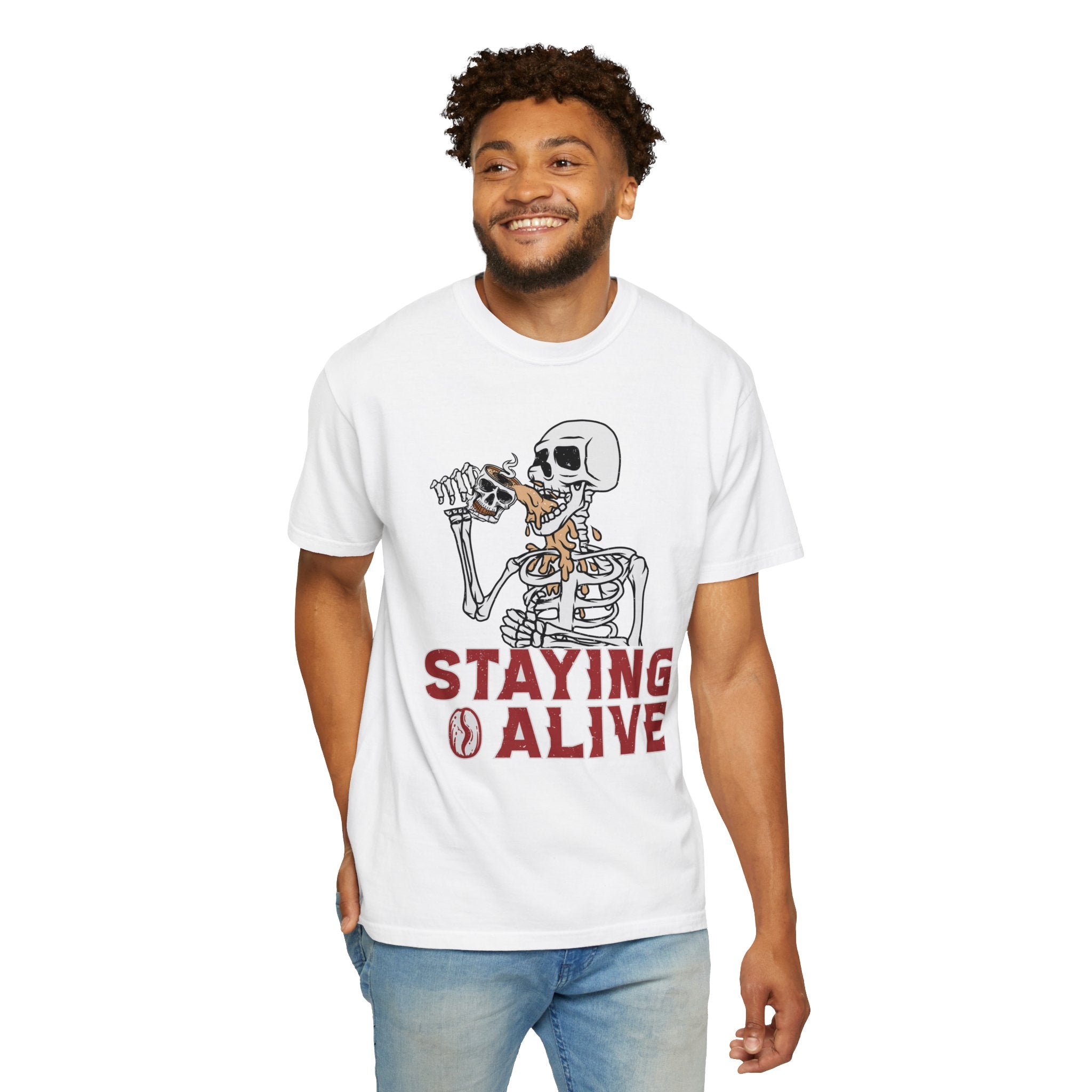 Staying Alive Shirt, Trendy Coffee Shirt, Funny Skeleton T-Shirt, Coffee Lovers Gift Skull Vintage Halloween Tshirt Women Comfort Colors Tee