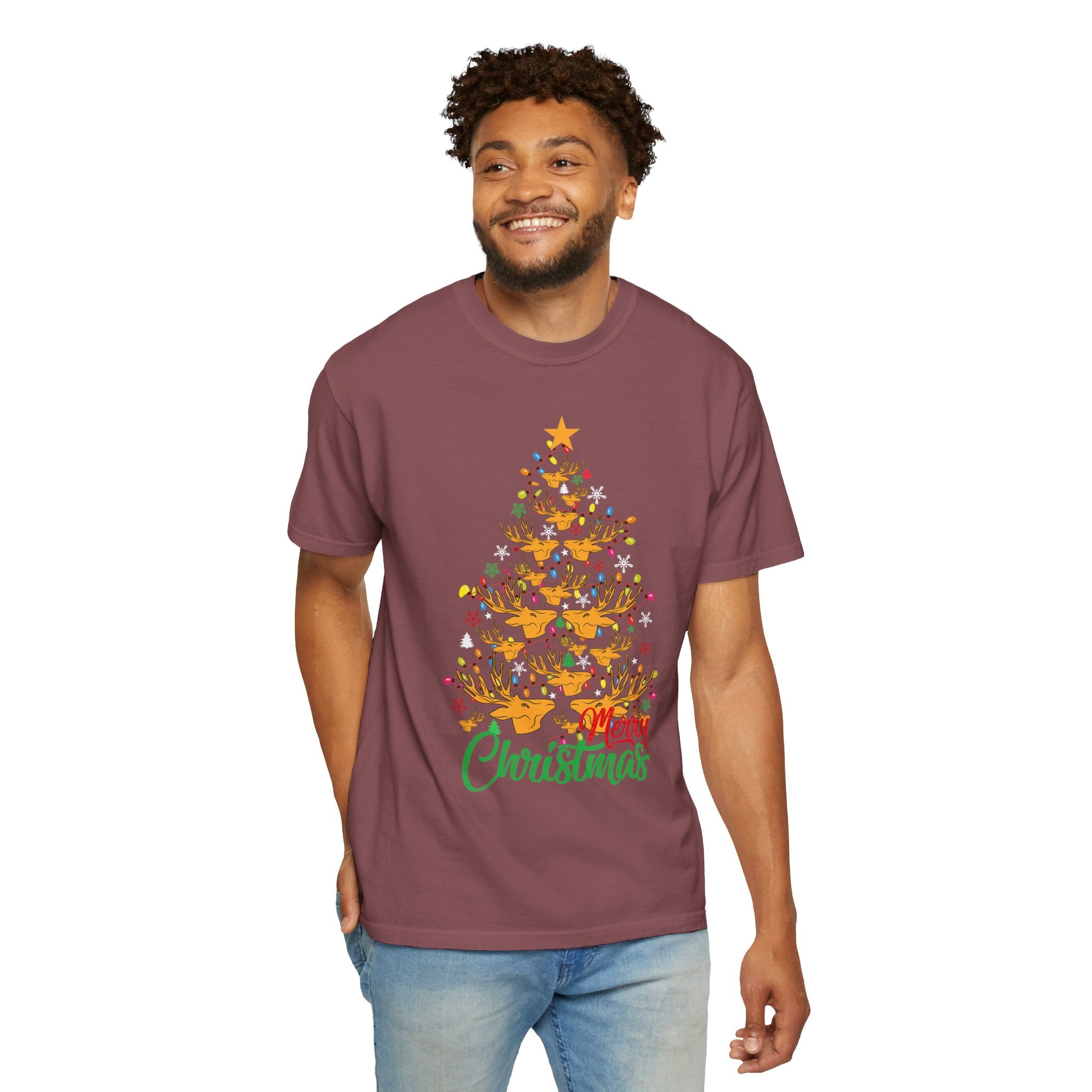 Christmas Tee, Christmas Deer Tree Shirt, Deer Head Trees Design on premium cotton unisex shirt, plus sizes, 2x, 3x, 4x
