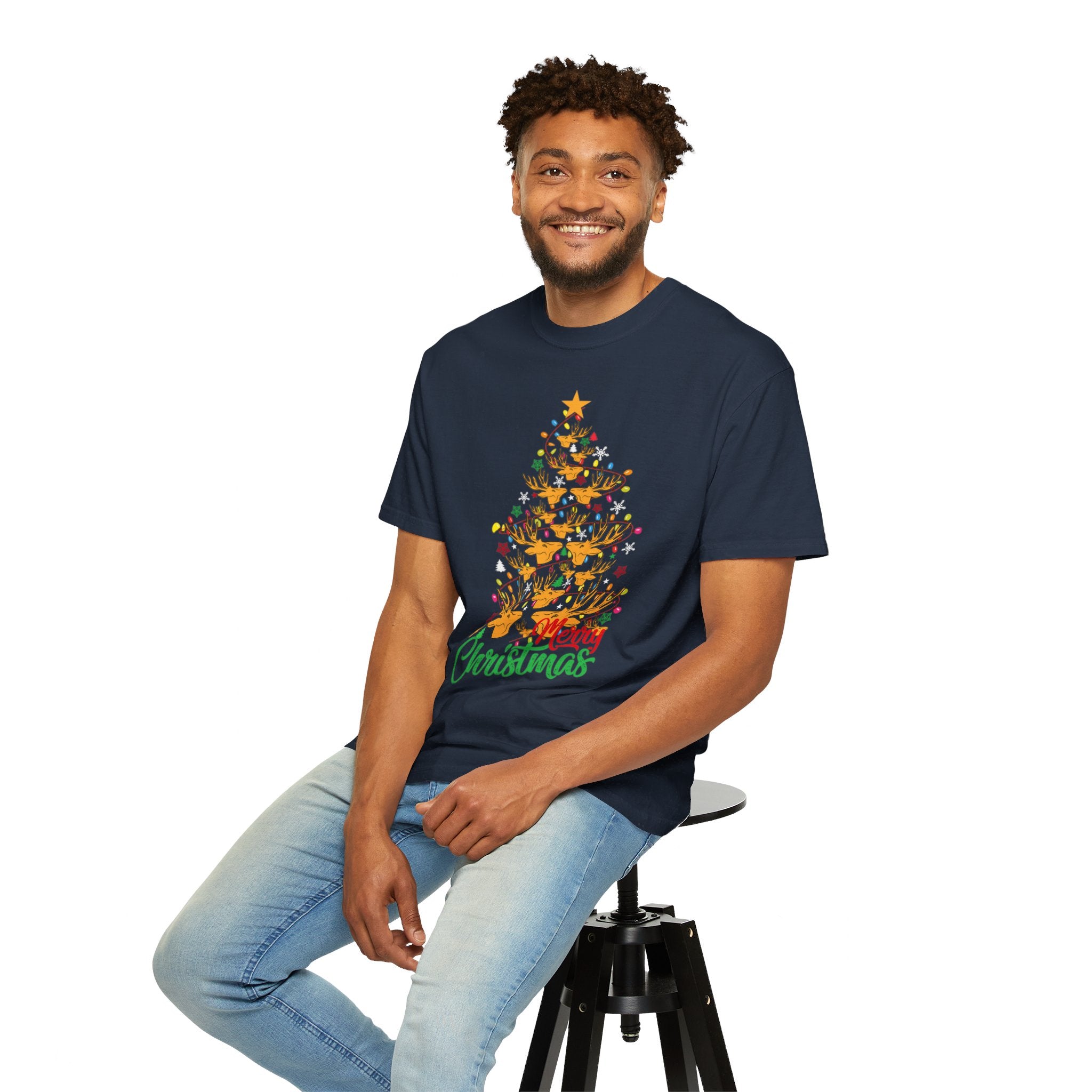 Christmas Tee, Christmas Deer Tree Shirt, Deer Head Trees Design on premium cotton unisex shirt, plus sizes, 2x, 3x, 4x