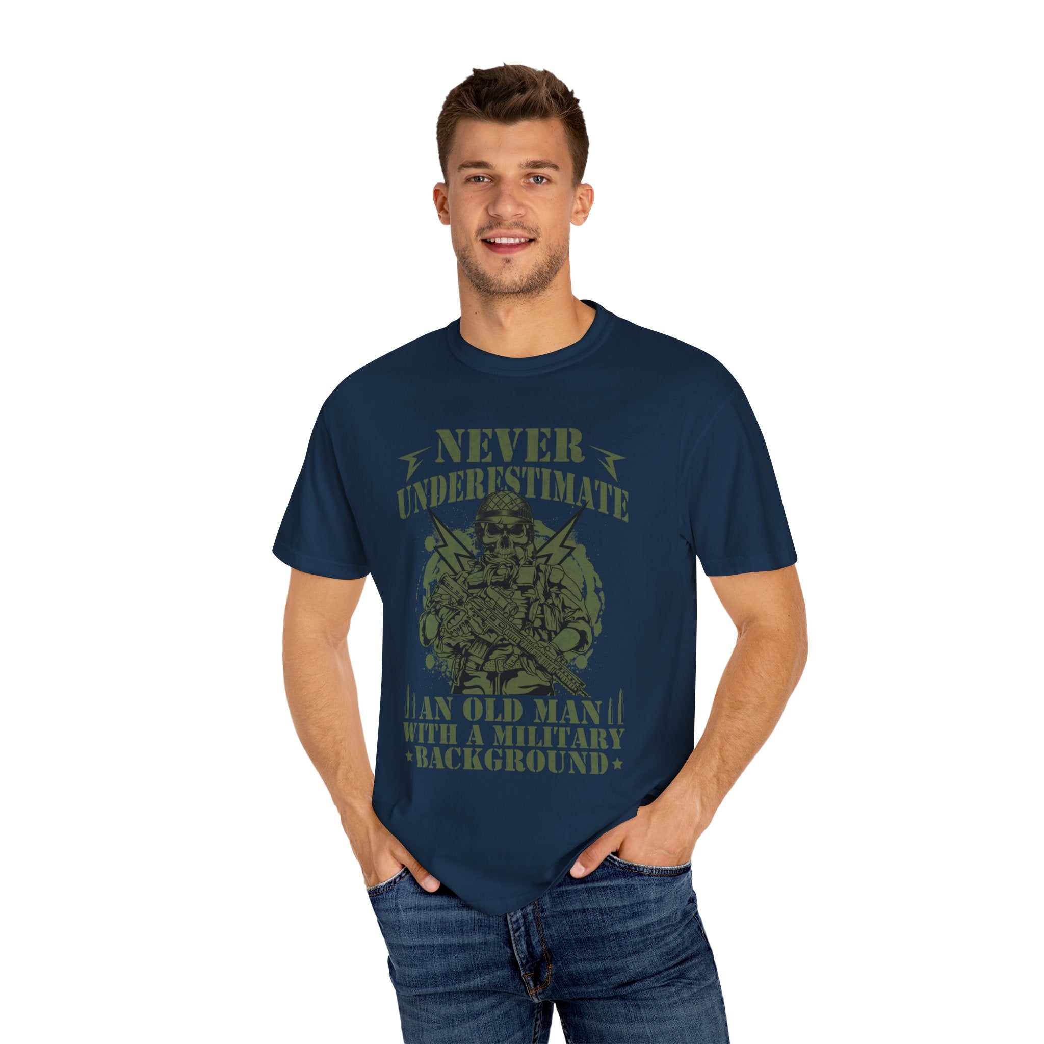 Never Underestimate An Old Man With A Military Background Shirt, American Flag Tee, US Veteran Shirt, Veterans Day Shirt, 4th of July Shirt