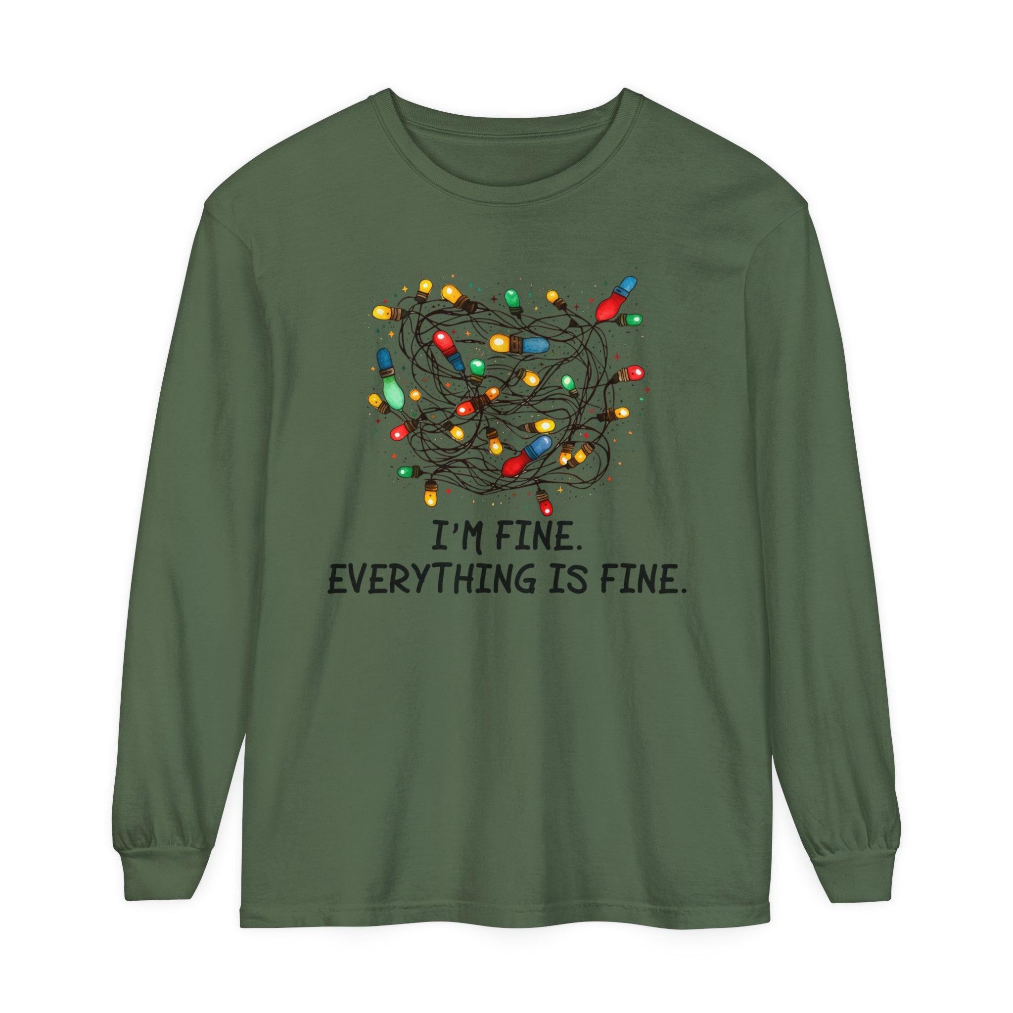 I'm Fine Everything Is Fine Long Sleeve T-Shirt, I'm Fine Tangled Christmas Lights Comfort Colors Long Sleeve Shirt, Introverts Christmas Anxiety Shirt