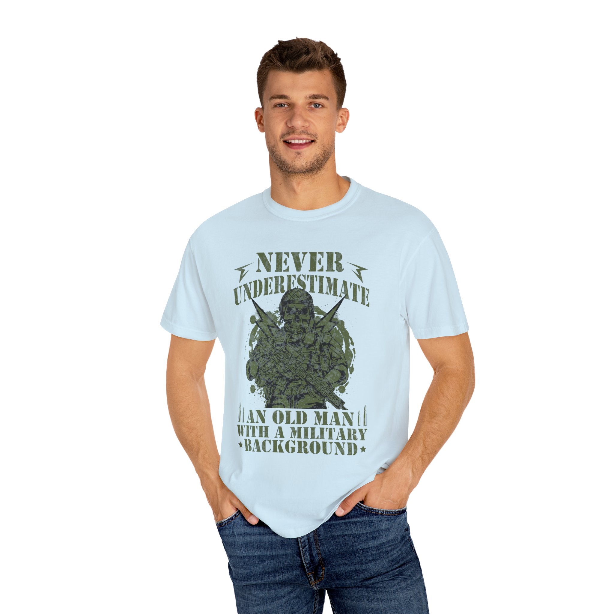 Never Underestimate An Old Man With A Military Background Shirt, American Flag Tee, US Veteran Shirt, Veterans Day Shirt, 4th of July Shirt