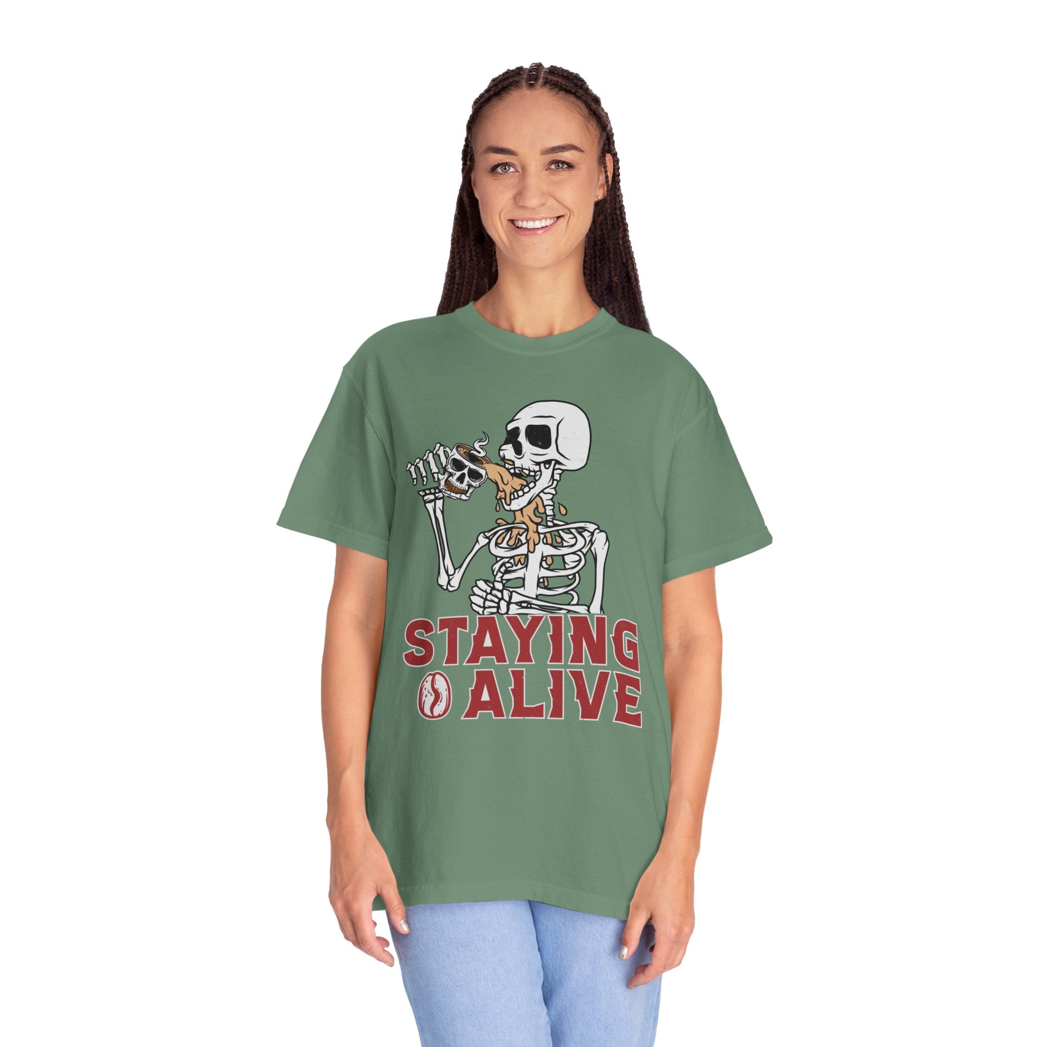 Staying Alive Shirt, Trendy Coffee Shirt, Funny Skeleton T-Shirt, Coffee Lovers Gift Skull Vintage Halloween Tshirt Women Comfort Colors Tee