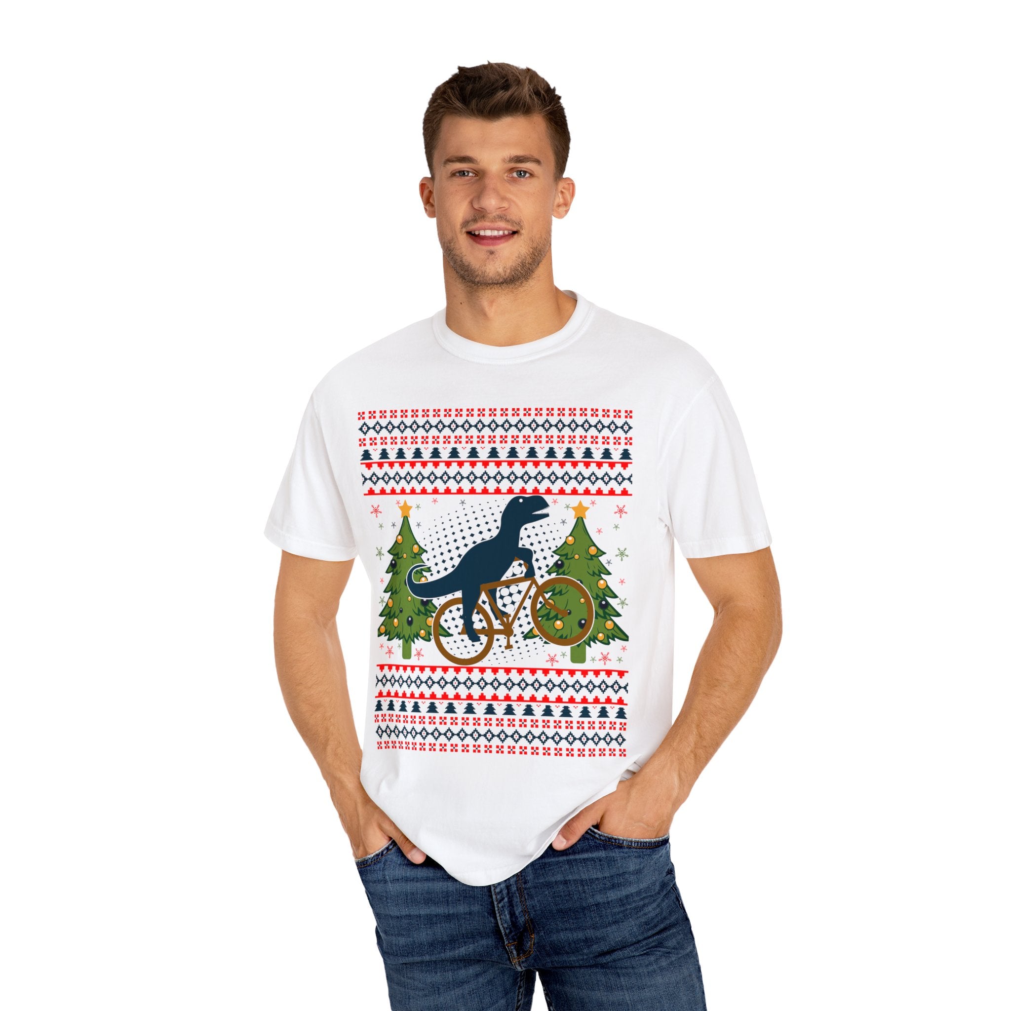 Ugly Christmas Dinosaur Riding Bike Shirt, Dinosaur Christmas Sweater, Dino Riders Tshirt, Dinosaur on a Bike Shirt