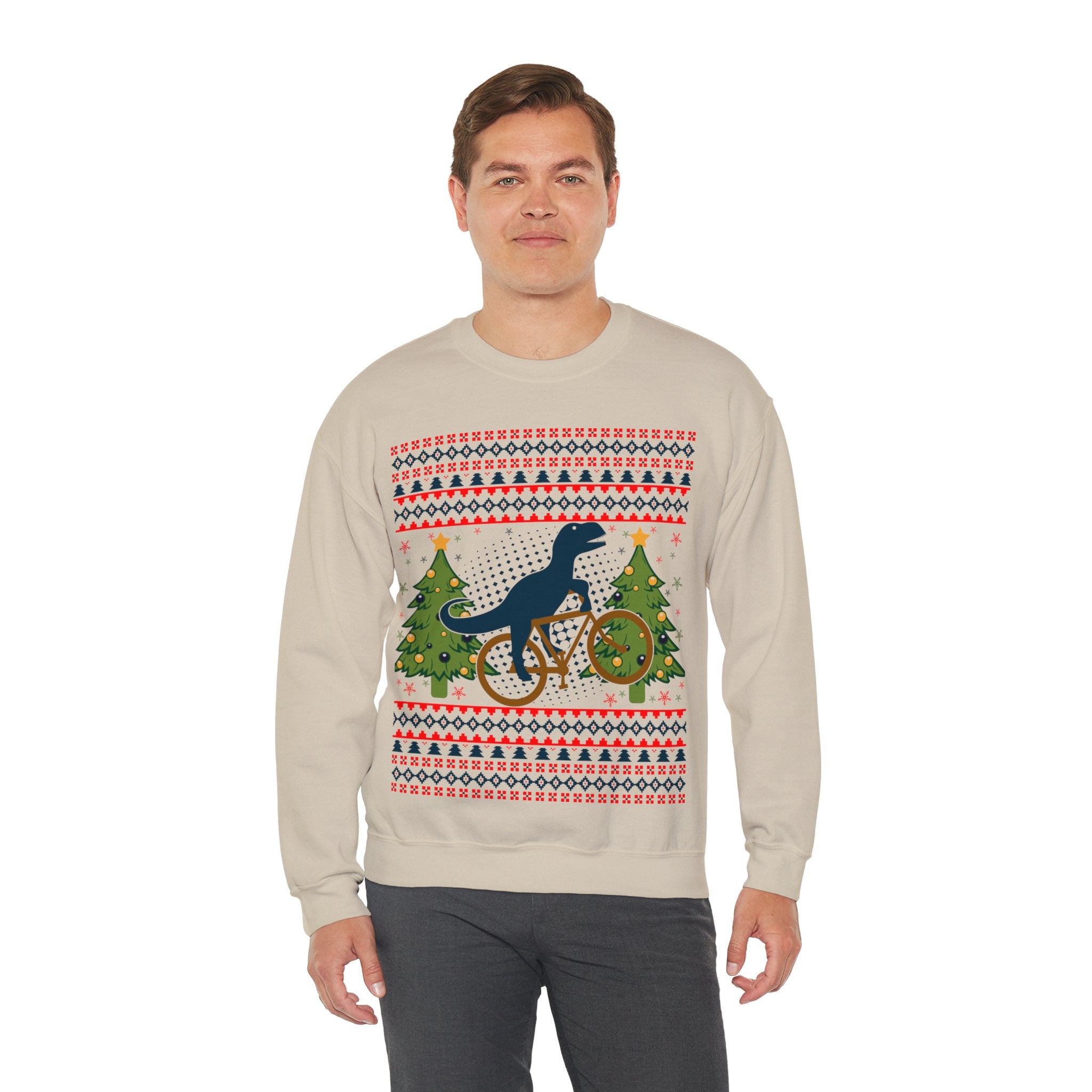 Ugly Christmas Dinosaur Riding Bike Sweater, Dinosaur Christmas Sweatshirt, Dino Riders shirt, Dinosaur on a Bike Shirt