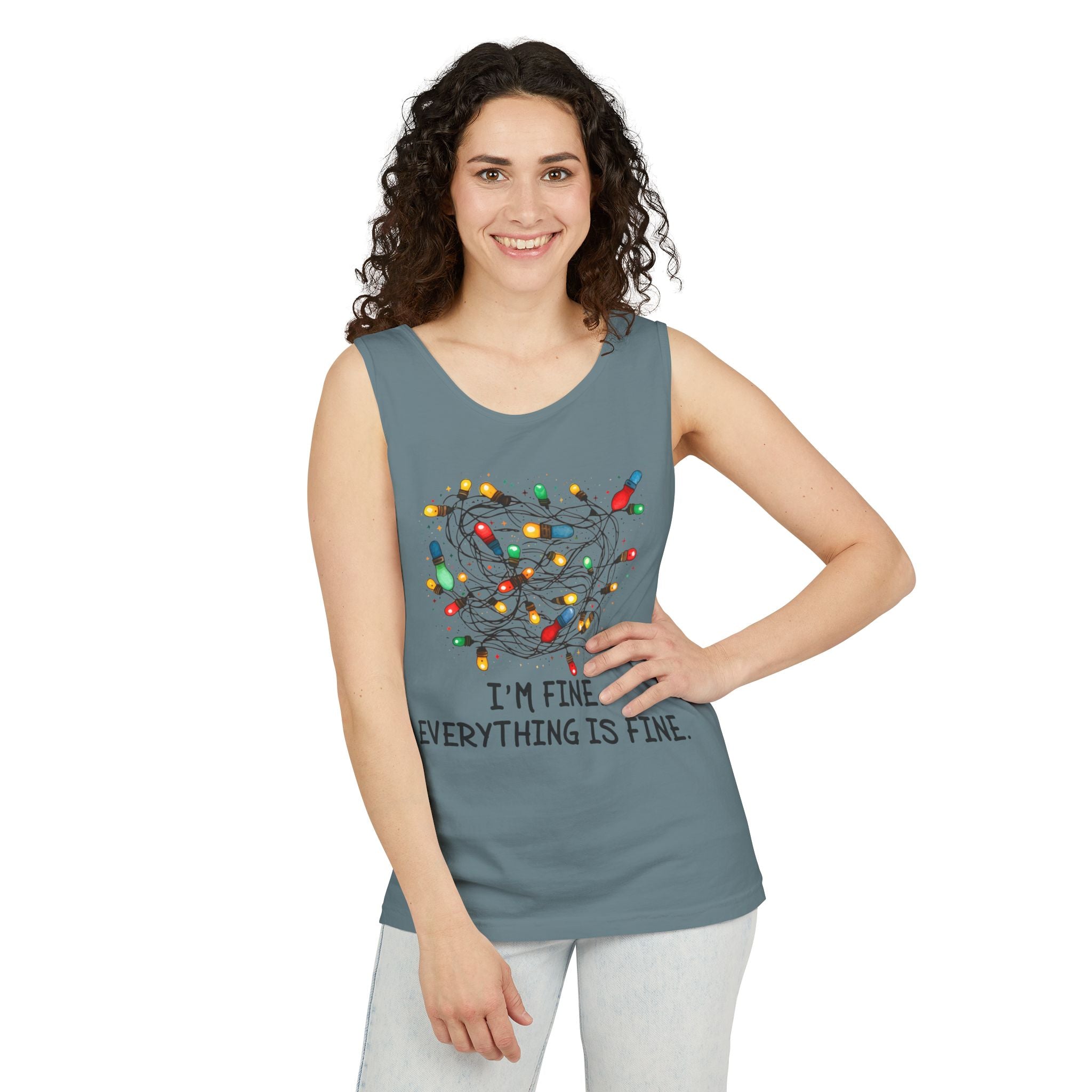 I'm Fine Everything is Fine Tank Top, Tangled Christmas Lights Tank Top, Unisex Xmas Graphic Tee, Christmas Lights Tank top